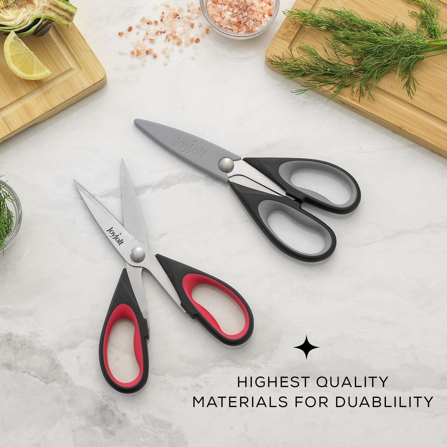 JoyJolt Heavy Duty Kitchen Shears (2-Pack) - Stainless Steel Multi-Purpose Scissors for Herbs, Vegetables, Meat & Poultry - Dishwasher Safe with Protective Sheaths - Perfect for Cooking, Food Prep & Butchering