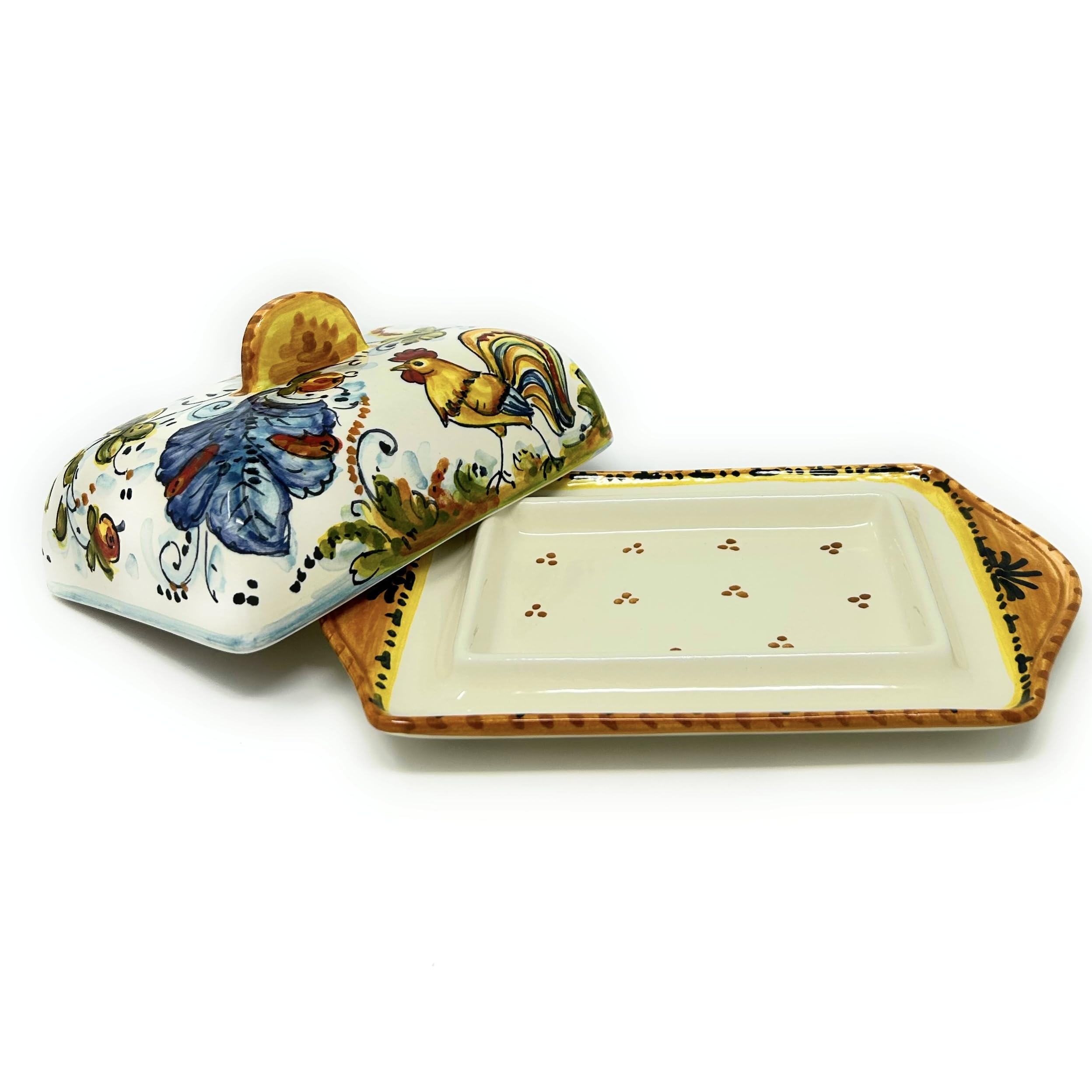 Hand-Painted Italian Ceramic Butter Dish with Rooster Design - Tuscan Art Pottery from Montelupo, Italy | Perfect for Kitchen Decor & Gift Giving