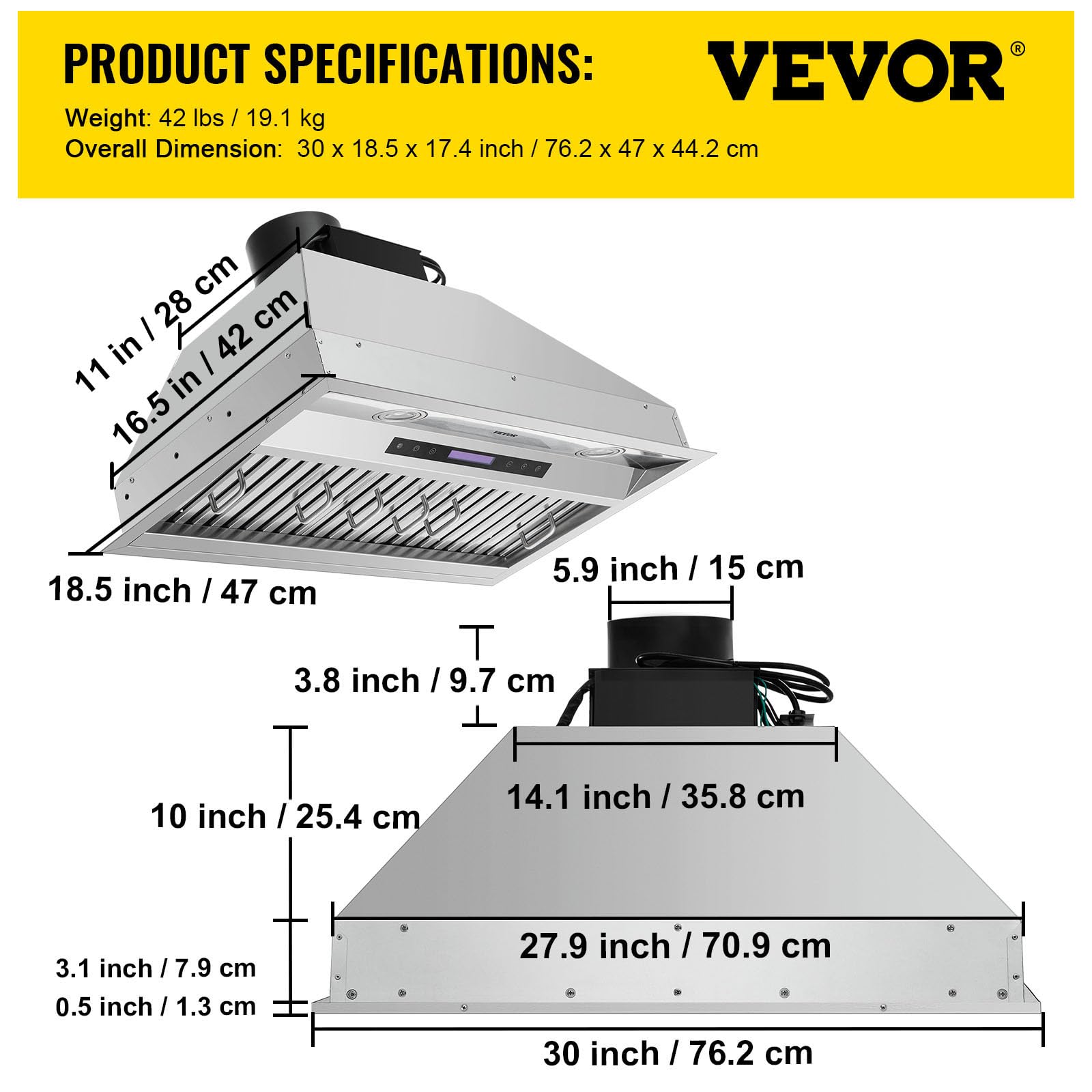 VEVOR 30 Inch 900CFM 4-Speed Stainless Steel Insert Range Hood with Touch & Remote Control, LED Lights & Baffle Filters - Ducted/Ductless Convertible Kitchen Vent Hood for Home Cooking - ETL Certified Commercial-Grade Ventilation System