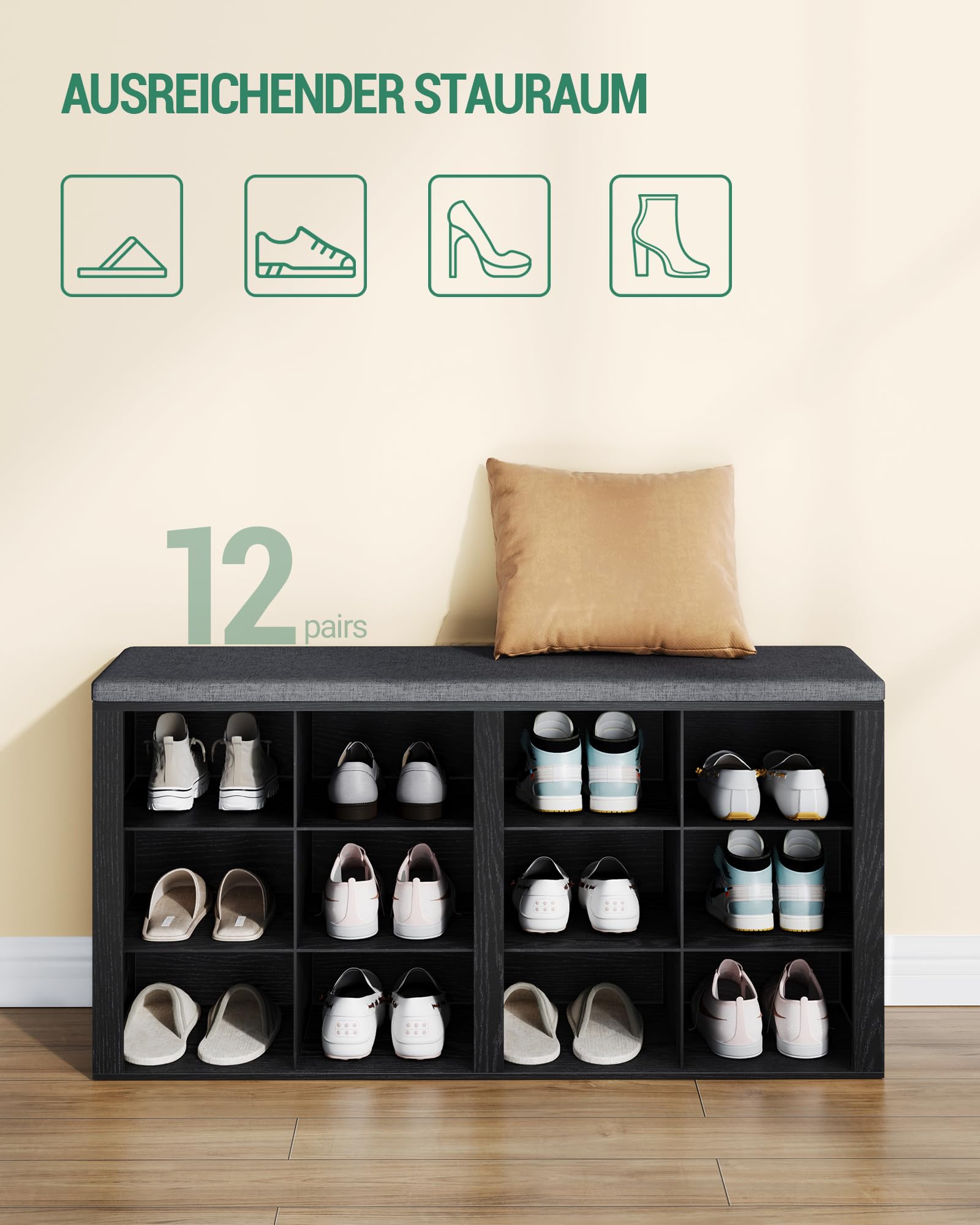 Black Shoe Bench with Cushion - 12-Cubby Entryway Storage Bench with Adjustable Shelves | Shoe Organizer Cabinet for Living Room, Bedroom & Hallway | Perfect for Small Space Organization & Entryway Decor