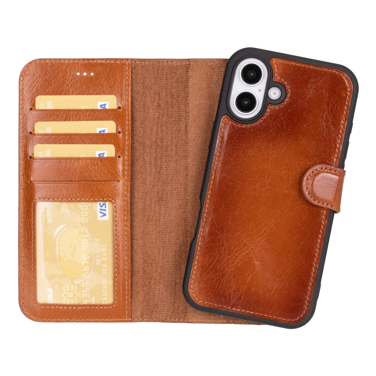 Premium Burnished Tan Leather Wallet Case for iPhone 16 Plus - Slim Protective Cover with Card Slots | Perfect for Everyday Use, Travel & Business