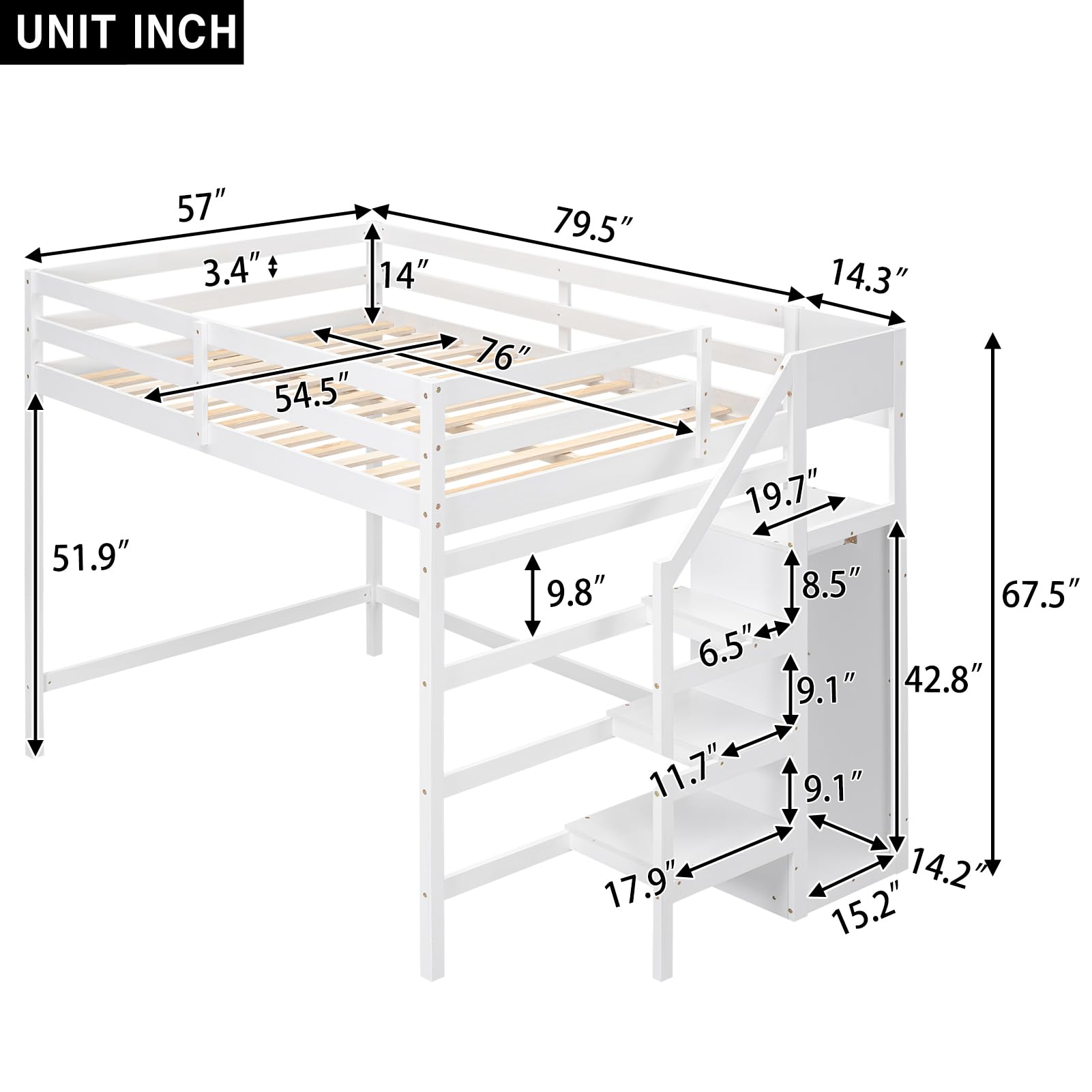 Harper & Bright Designs Full Size Loft Bed with Wardrobe & Staircase - Wooden Storage Loft Bed Frame for Kids, Teens & Adults - Space-Saving White Furniture for Small Bedrooms, Dorms & Apartments