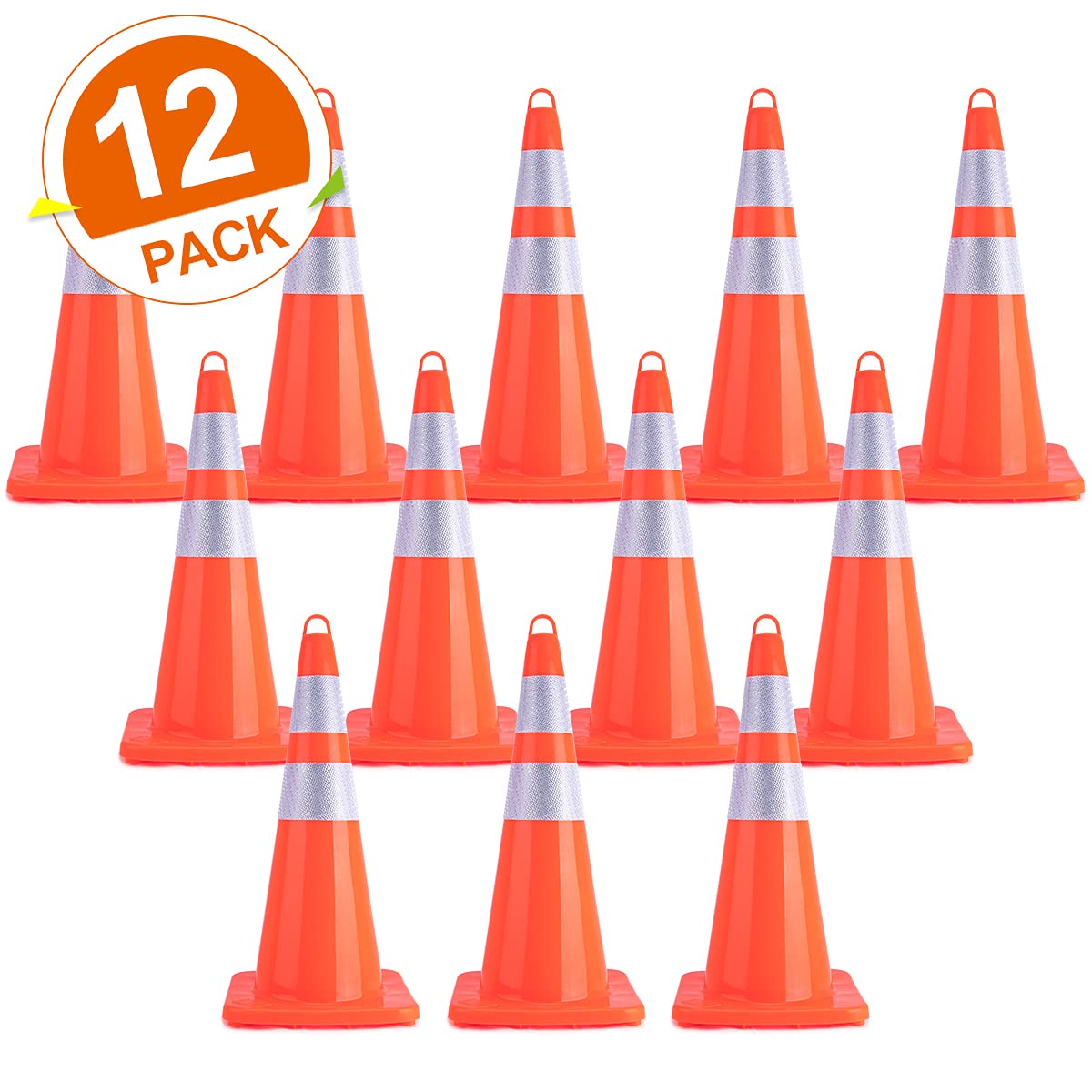 12 Pack 28 Inch Heavy Duty PVC Traffic Cones - Orange Safety Road Cones with Weighted Base & Handheld Ring for Construction, Parking, Hazard Zones & Event Management
