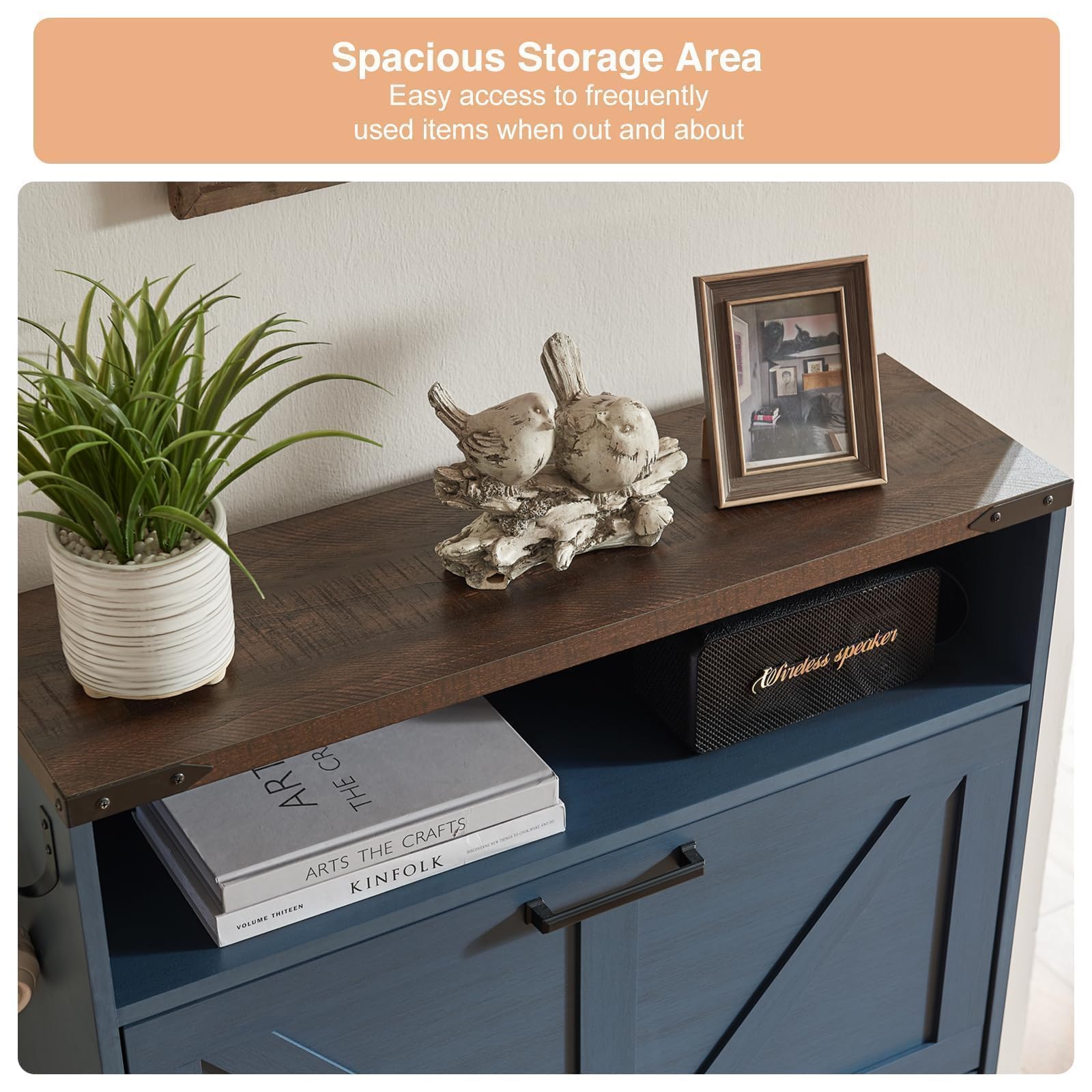Farmhouse Shoe Storage Cabinet with 2 Flip Drawers & Barn Door Design - Freestanding Hidden Slim Narrow Shoe Rack Organizer for Entryway, Foyer, Hallway - Blue | Perfect for Small Spaces & Home Organization
