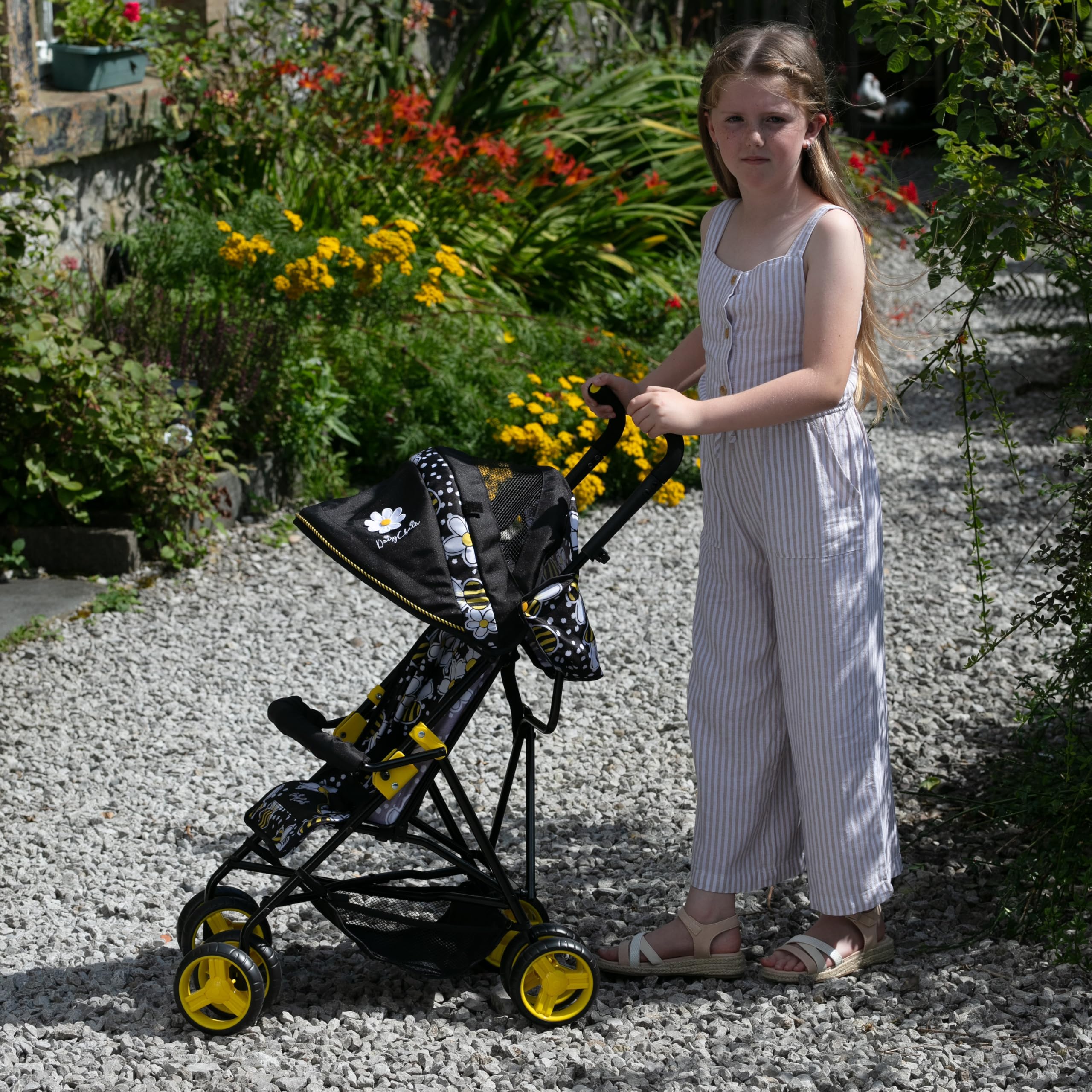 Zipp Zenith Adjustable Daisy Chain Doll Stroller for Kids Ages 6-13 - 89-95cm Handle Height (Bumblebee) - Perfect for Outdoor Walks, Playdates & Pretend Play