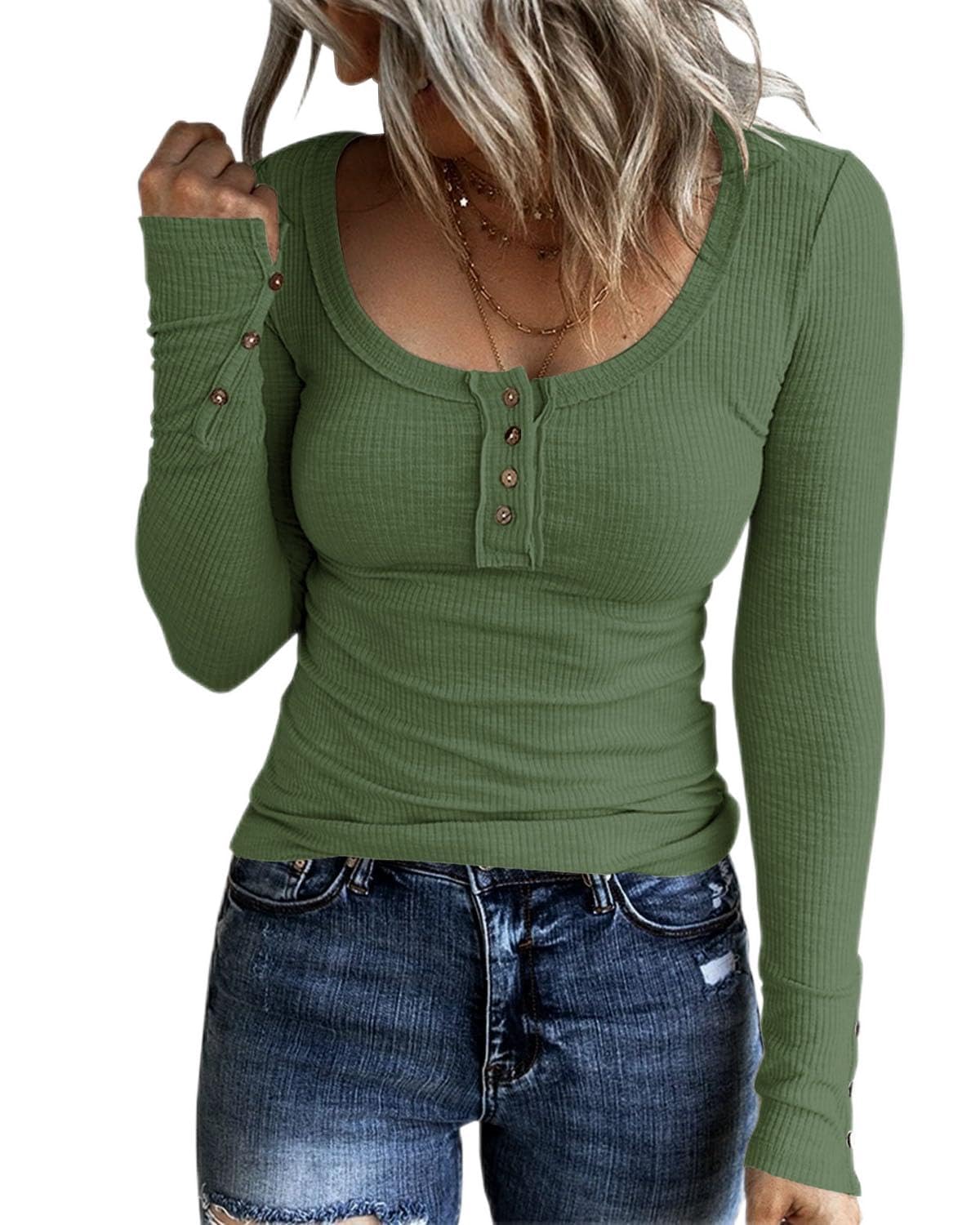 KINLONSAIR Women's Long Sleeve Henley T-Shirts | Slim Fit Button Down Scoop Neck Ribbed Knit Tops for Casual Wear & Layering