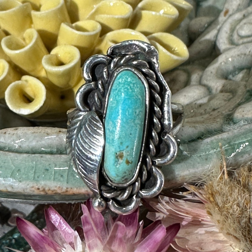 Sterling Silver One Feather Ring with Pale Blue Turquoise - Size 6 - M. Weahkee - Perfect for Boho Jewelry Lovers & Native American Style Accessories