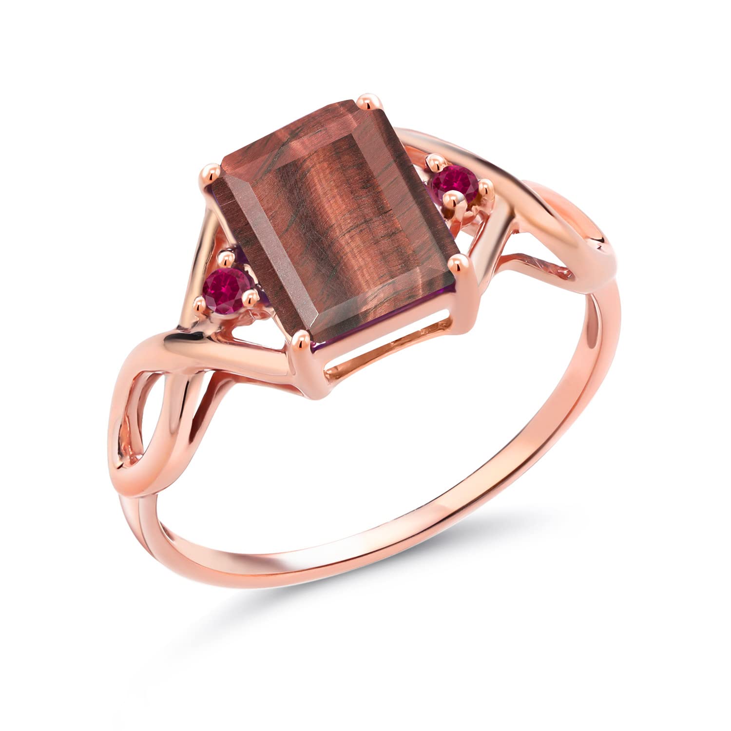 2.10 Ct Red Tiger Eye & Created Ruby Ring - 18K Rose Gold Plated Sterling Silver Jewelry for Women | Elegant Gift for Anniversary, Birthday & Special Occasions
