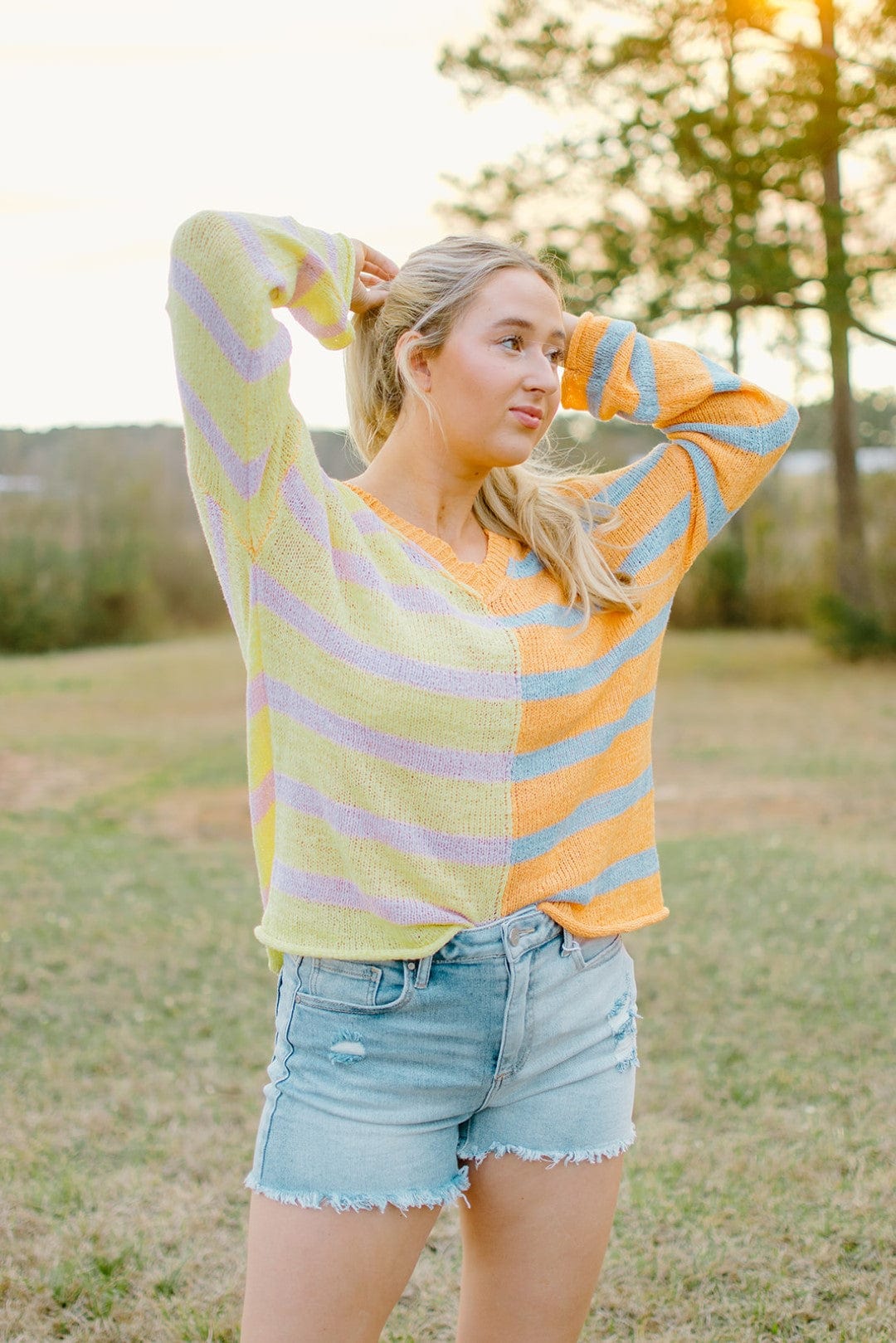 Women's Mango Stripe Colorblock Summer Sweater - Lightweight Knit Pullover for Casual Outings, Beach Cover-Up & Vacation Wear