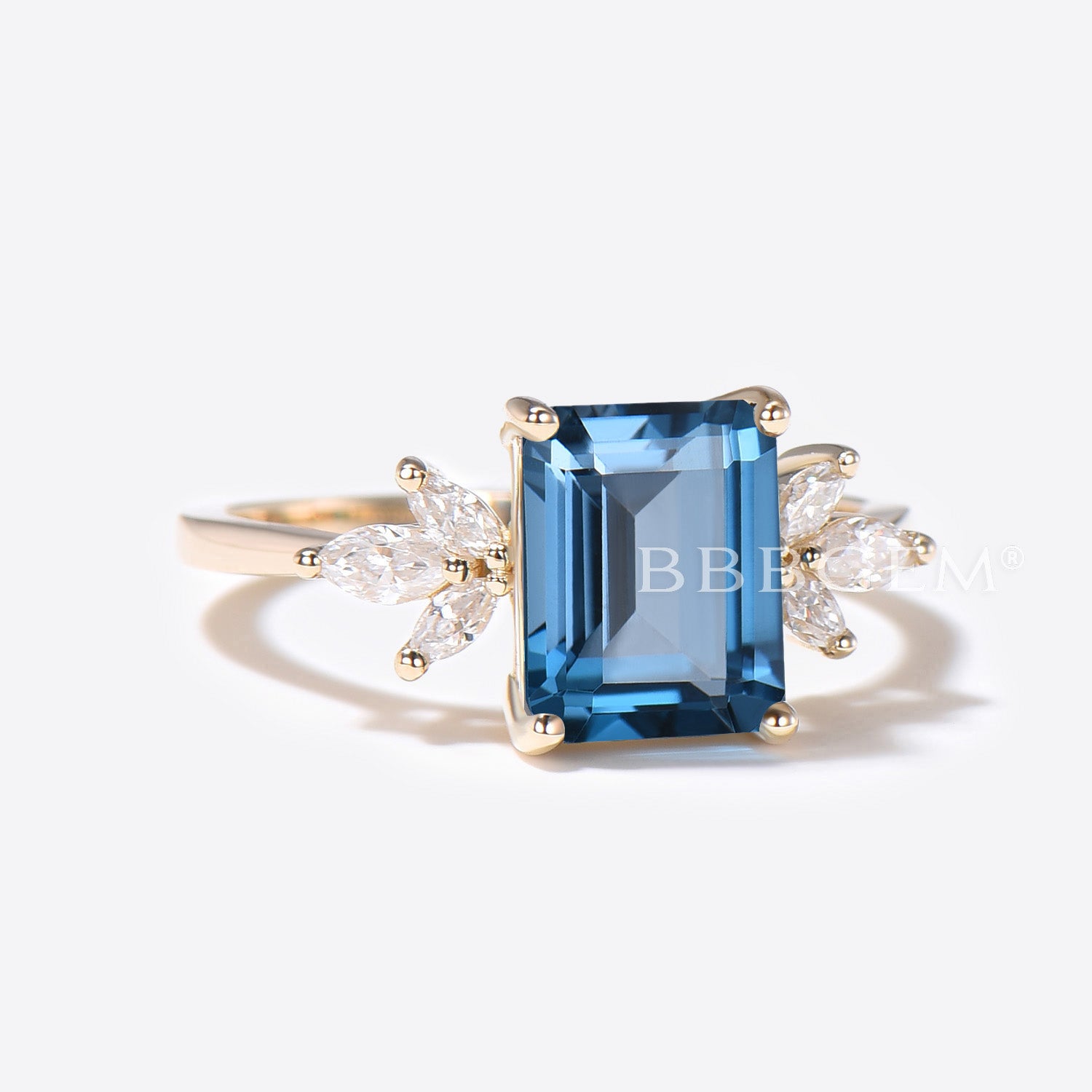 Emerald Cut London Blue Topaz Engagement Ring - 14K/18K Yellow Gold Wedding Band with Marquise Moissanite Accents | December Birthstone Jewelry for Women | Perfect for Proposals, Anniversaries & Special Occasions