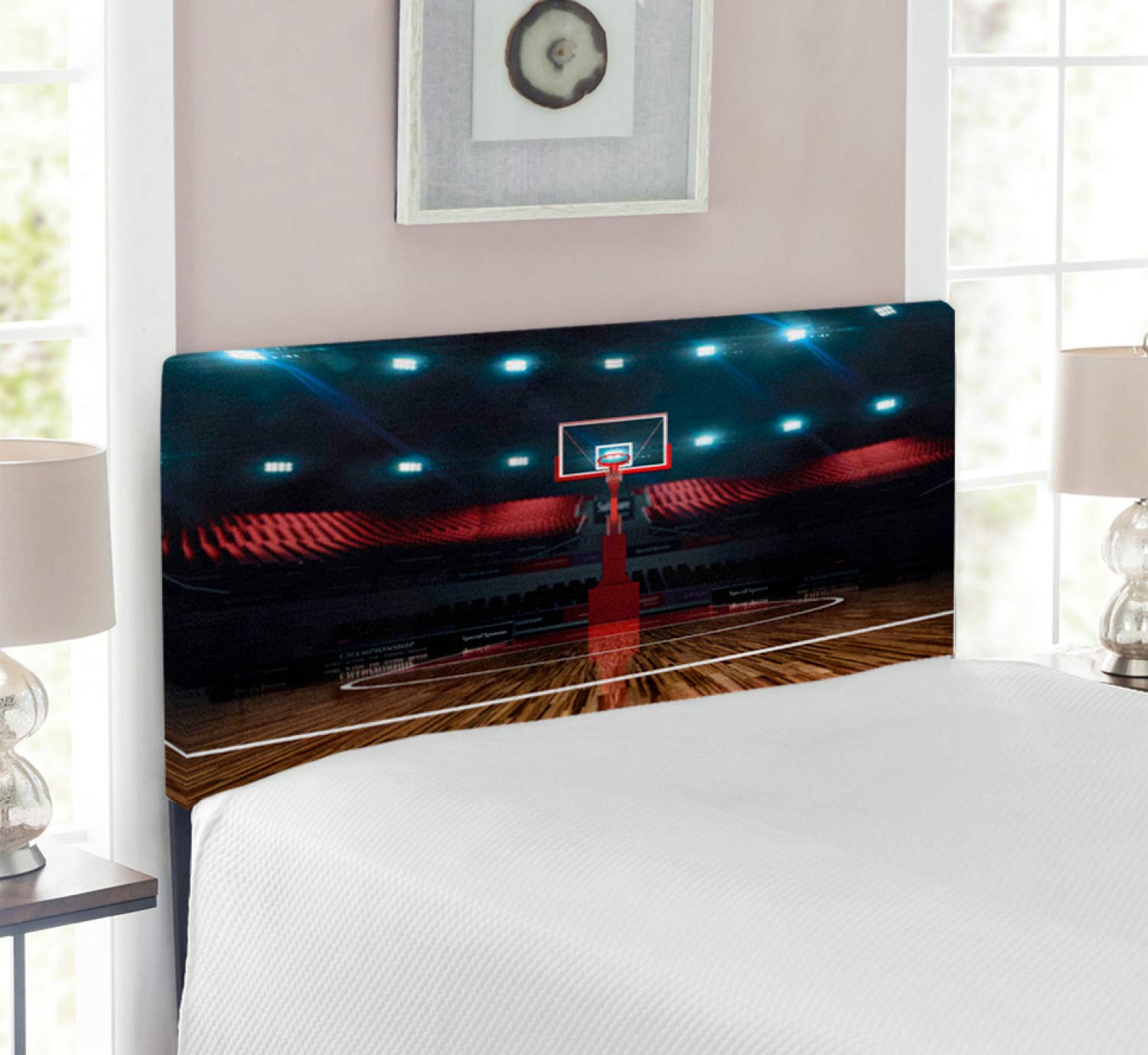 Ambesonne Twin Size Upholstered Headboard - Dark Brown Red Basketball Arena Design with Memory Foam | Decorative Metal Bed Headboard for Teen Room | Perfect for Sports Fans, Game Day Decor & Championship Themed Bedrooms