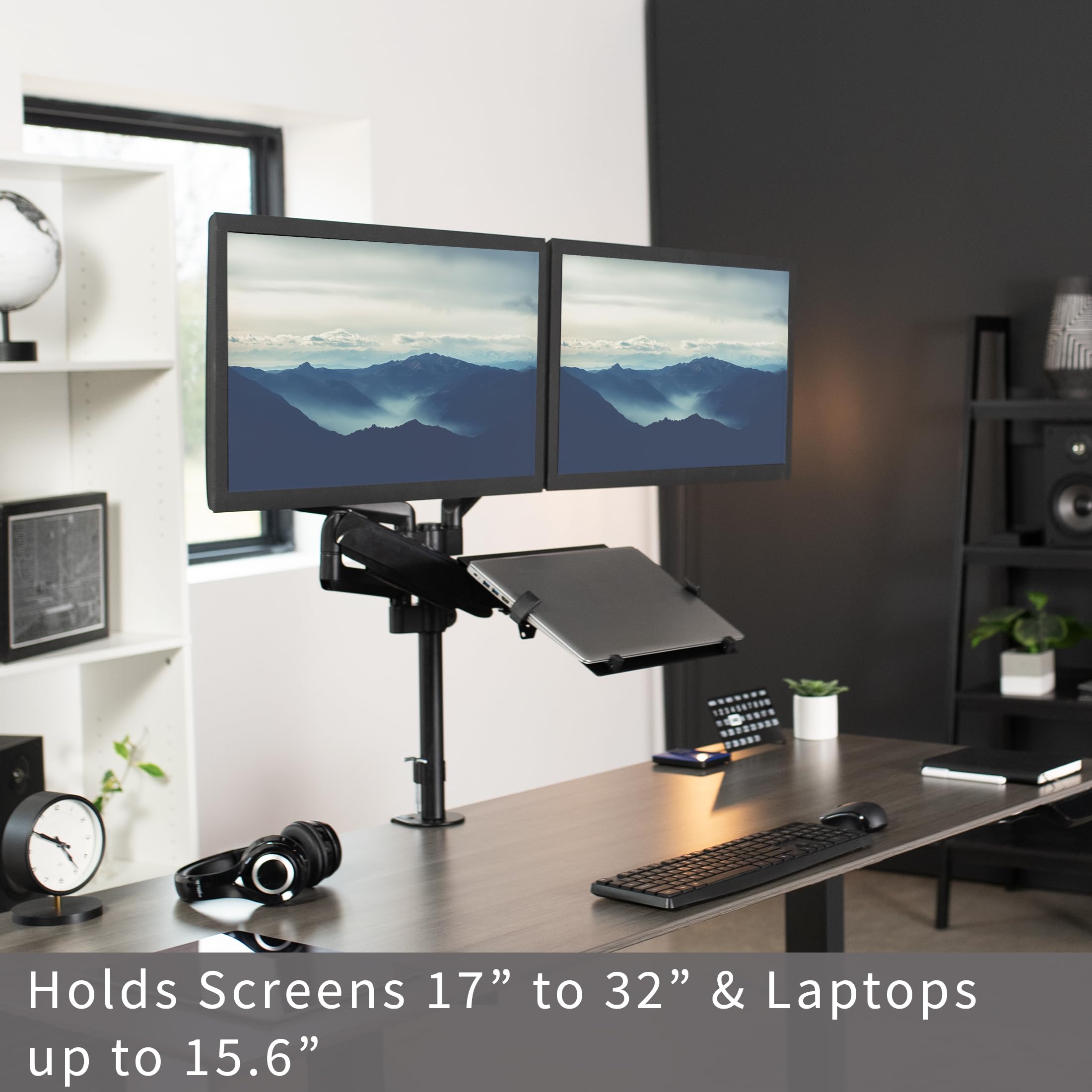 VIVO Dual Monitor and Laptop Mount Stand - Adjustable Pneumatic Arm for 17 to 32 inch Screens & 10 to 15.6 inch Notebooks, Includes Laptop Tray, C-Clamp and Grommet Base - Perfect for Home Office, Gaming Setup and Workspace Organization (Black, STAND-V003KL)