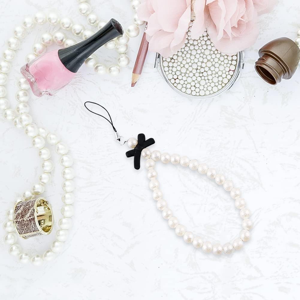 Fashionable White Pearl Beaded Phone Lanyard with Black Bow - Universal Anti-Lost Wrist Strap for Mobile Phones, Keychains & Wallets - Elegant Women's Accessory for Work, Travel & Daily Use