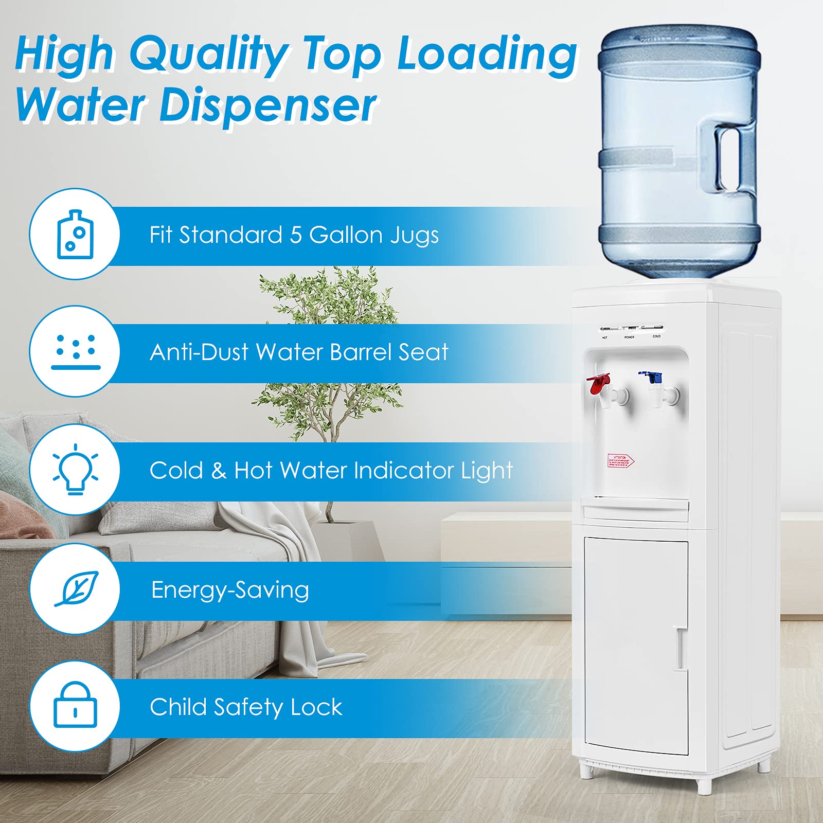DORTALA Freestanding Top Loading Water Cooler Dispenser with Storage Cabinet - Hot & Cold Water Dispenser for 3-5 Gallon Bottles - Perfect for Home, Office & Kitchen Use - White