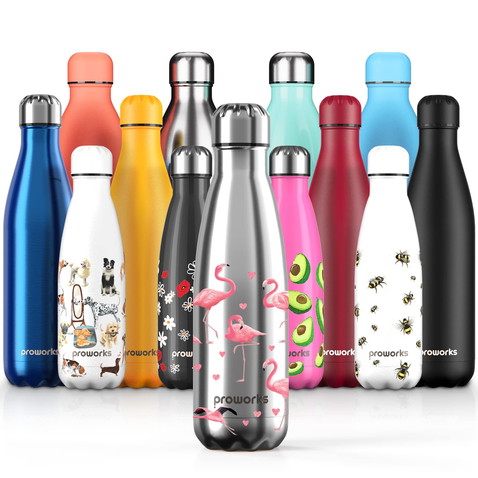 Proworks Performance Stainless Steel Sports Water Bottle - 500ml Double Insulated Vacuum Flask Keeps Drinks Hot 12 Hours & Cold 24 Hours - BPA Free Silver Flamingo Design - Perfect for Gym, Workout, Hiking, Office & Travel Accessories