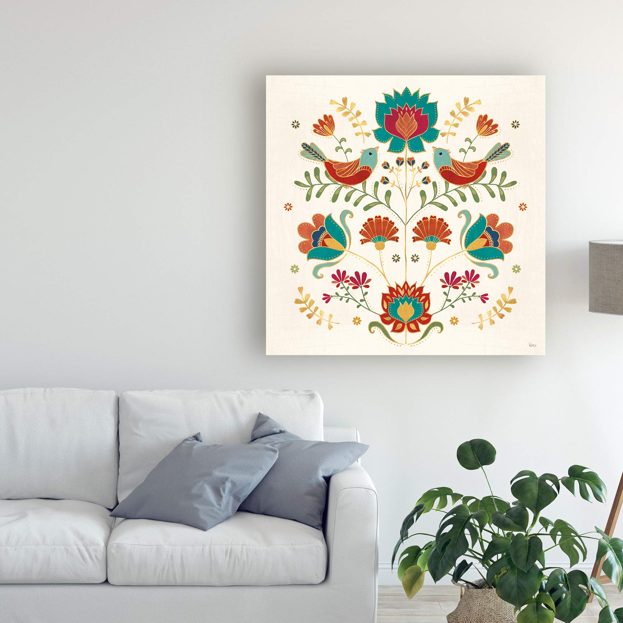 Trademark Fine Art Folk Floral 2 by Veronique Charron - 18x18 Inch Square Canvas Wall Art - Perfect for Living Room, Bedroom & Office Decor
