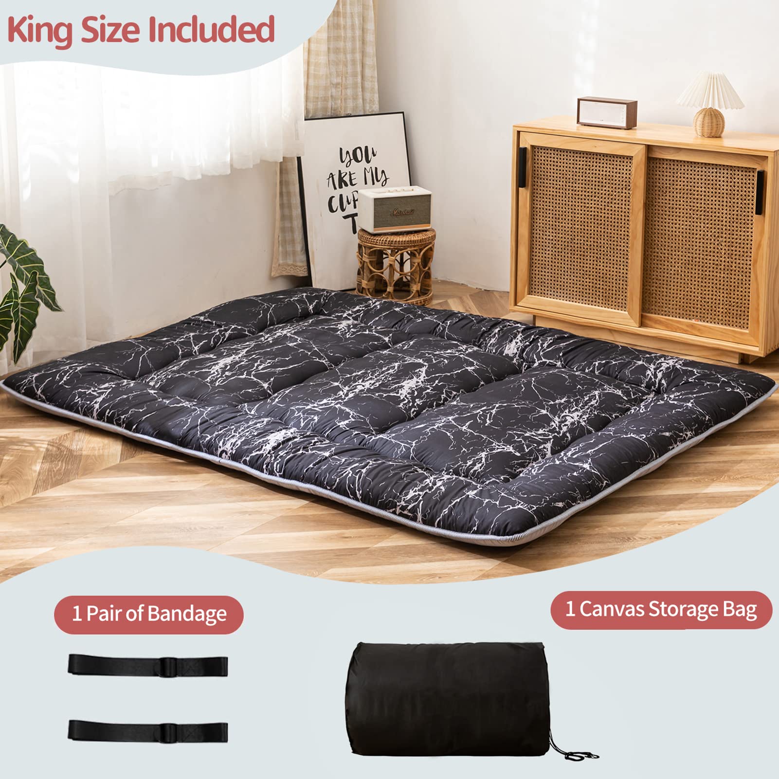 Black Marble Printed Japanese Futon Floor Mattress - Thick Roll-Up Sleeping Pad for Camping, Guest Bed & Home Use | King Size Floor Bed & Couch Topper | Perfect for Small Spaces, Sleepovers & Outdoor Adventures