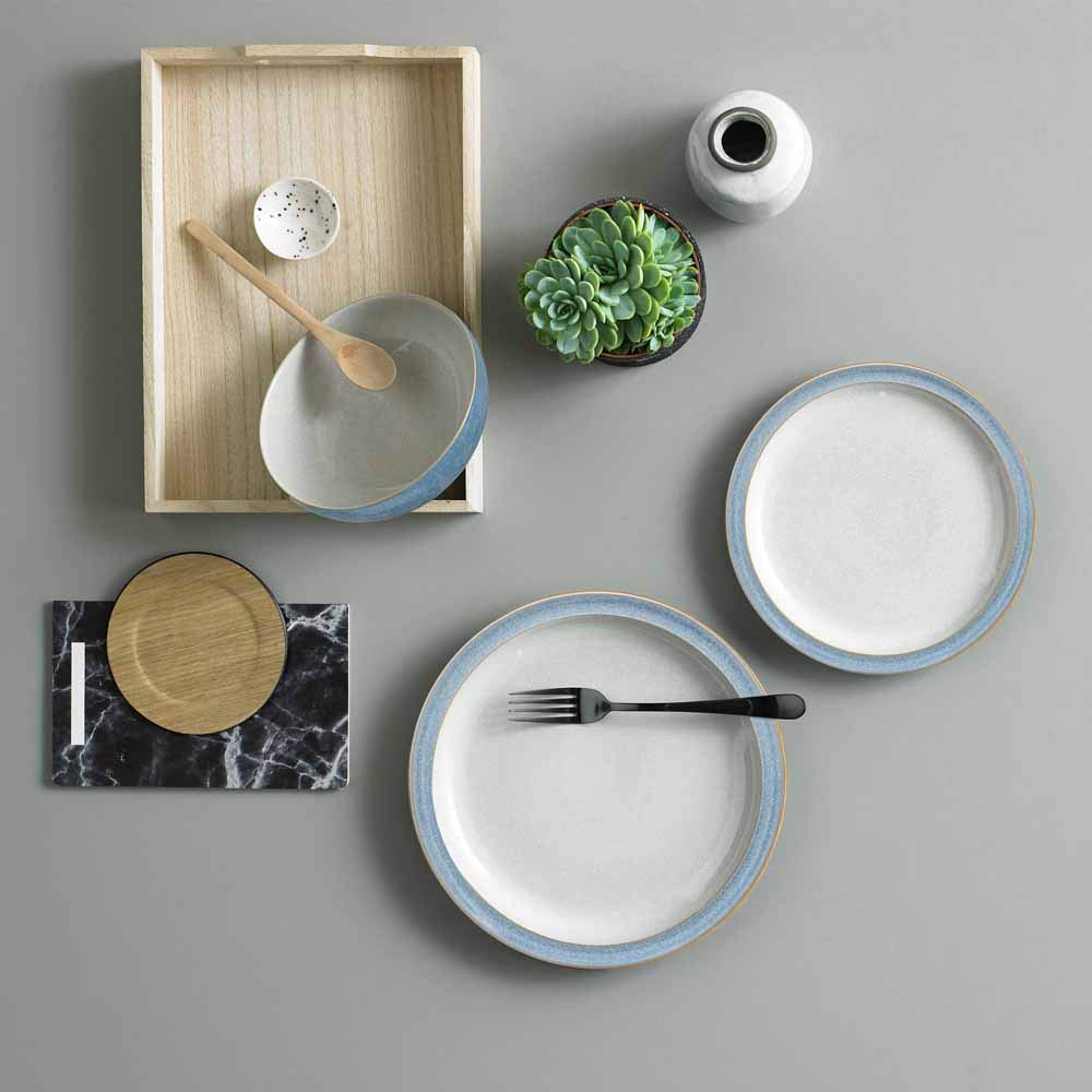 Denby Elements Blue 12-Piece Ceramic Dinnerware Set - Microwave & Dishwasher Safe Plates & Bowls - Elegant Tableware for Everyday Dining & Entertaining
