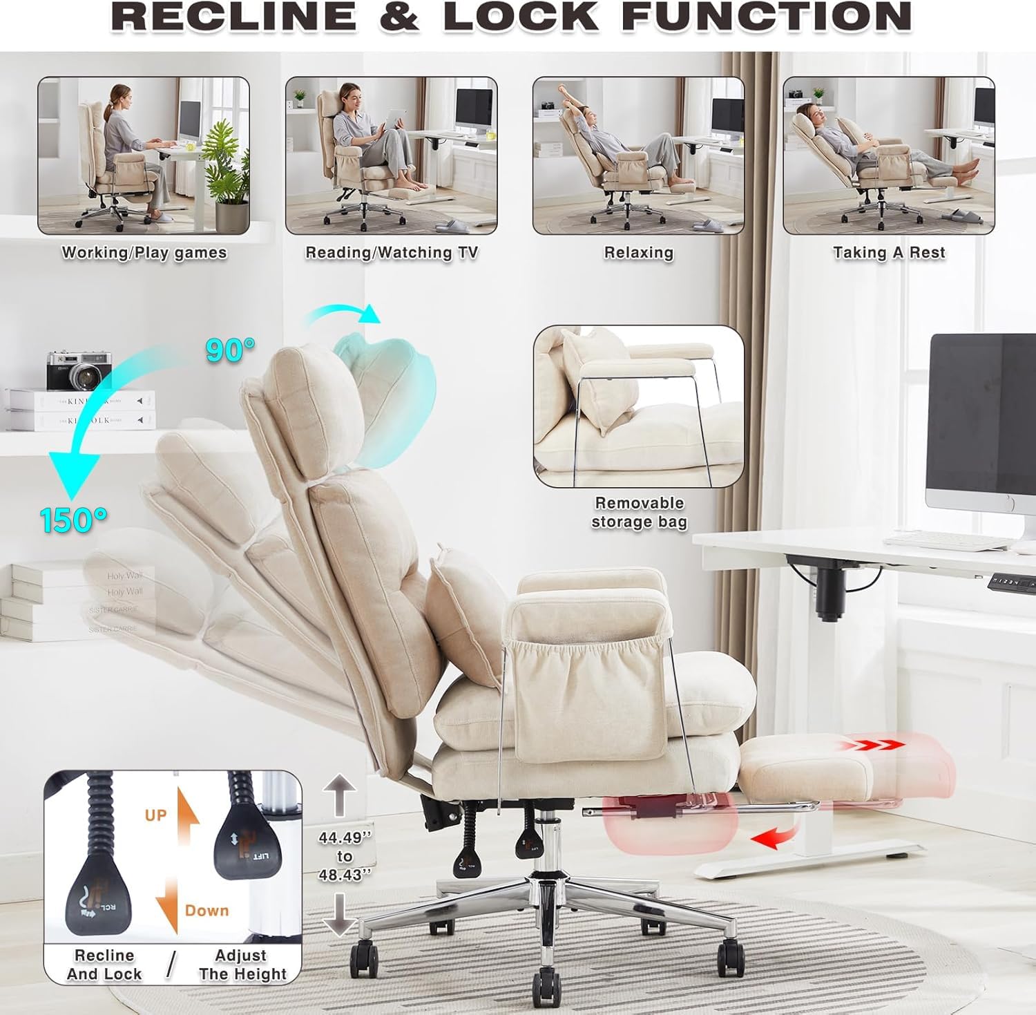 Big and Tall Ergonomic Office Chair with Footrest - High Back Reclining Computer Chair with Lumbar Support & Spring Cushion - Chenille Fabric Executive Chair for Home Office - Perfect for Long Work Hours & Gaming Sessions (Beige)