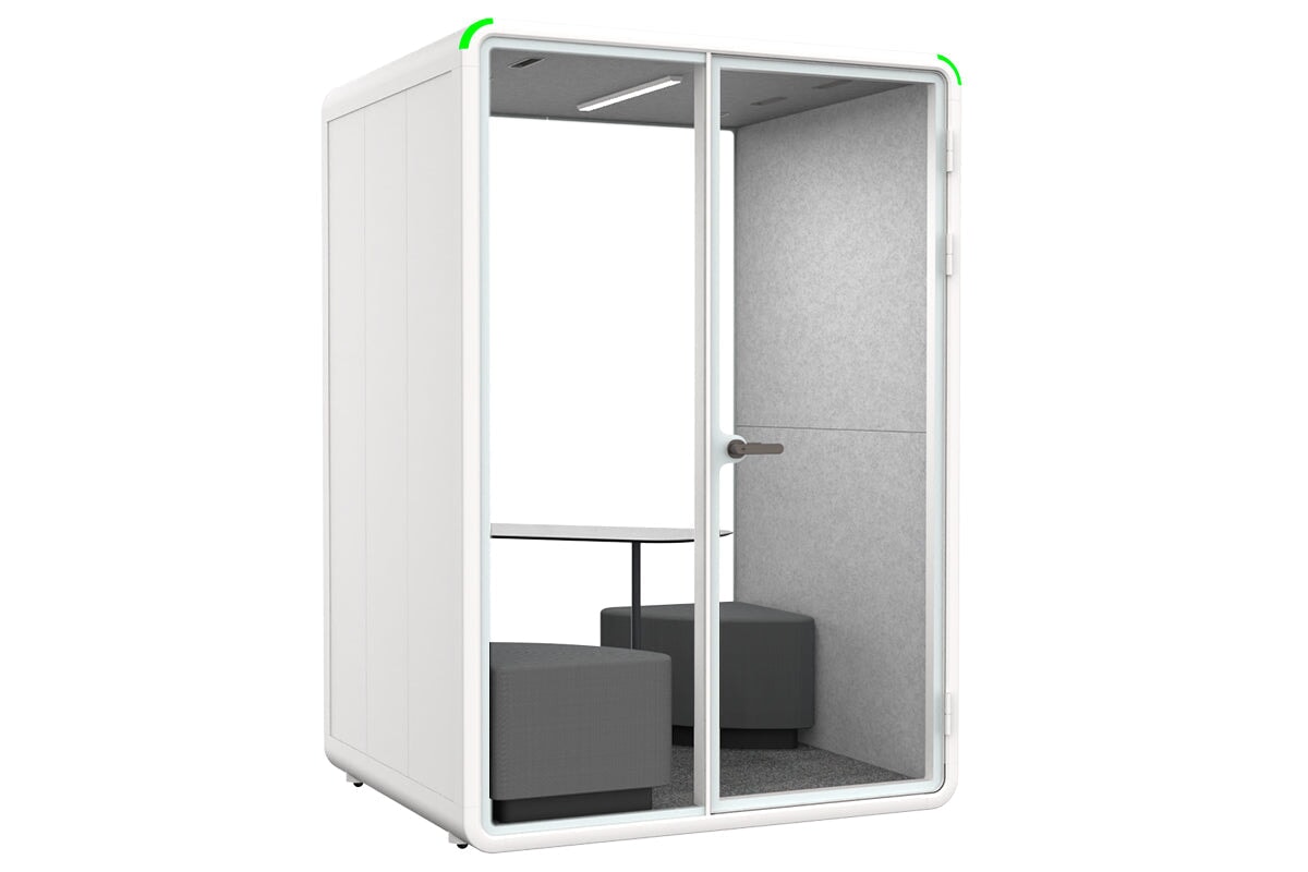 Nest 2 Person Meeting Booth with Diagonal Table & Echo Panel - Soundproof Office Pod for Private Video Calls and Small Team Collaboration
