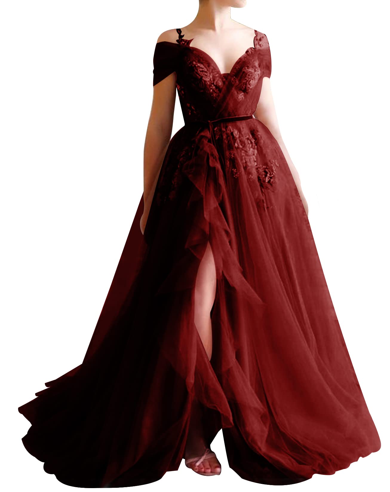 Elegant Off-The-Shoulder Tulle Prom Dress with V-Neck Split | Formal Evening Gowns for Homecoming, Wedding & Special Occasions