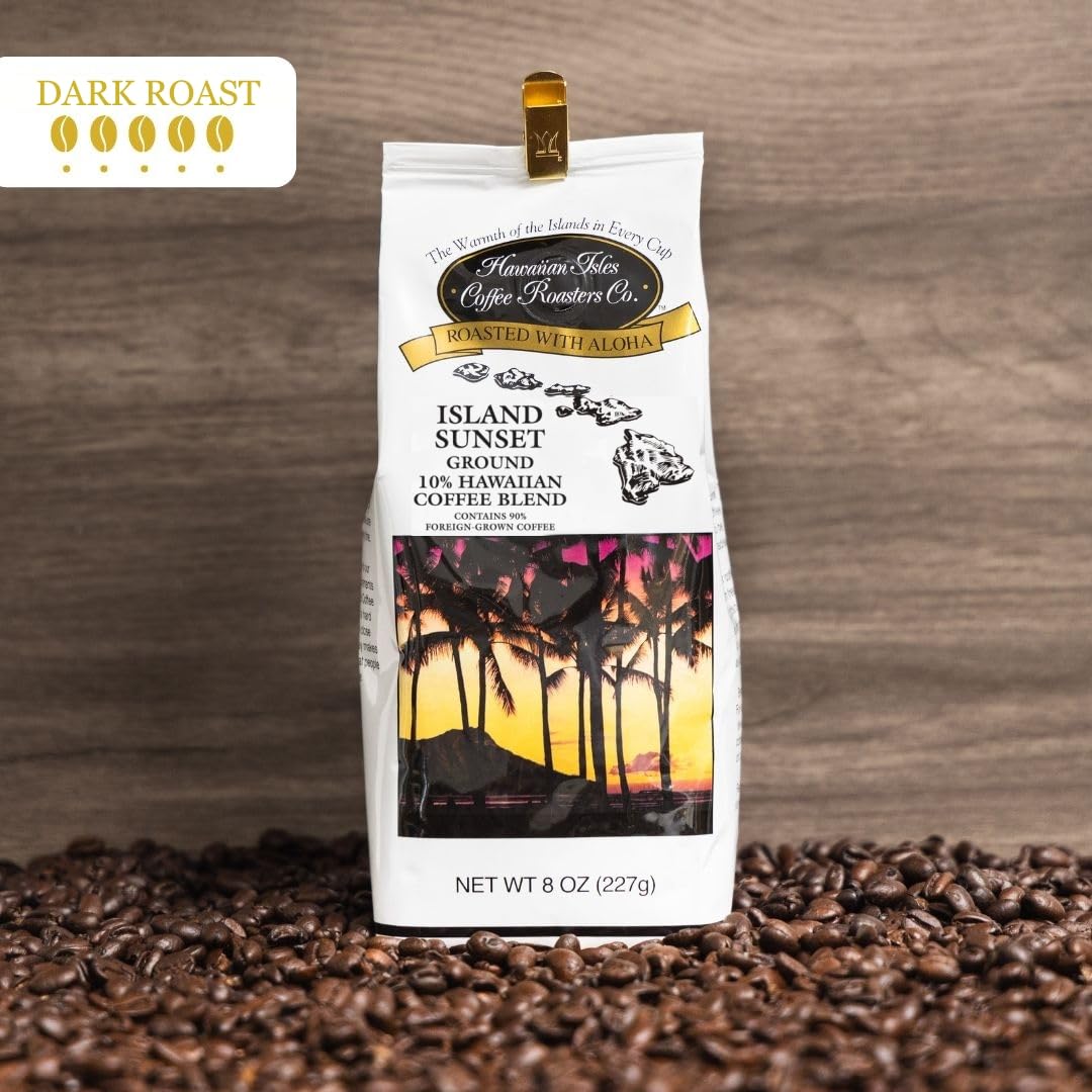 Hawaiian Isles Coffee Island Sunset Dark Roast Ground Coffee - 10% Hawaiian Coffee Blend, Roasted with Aloha - 8 Ounce Bag for Home Brewing & Gifts