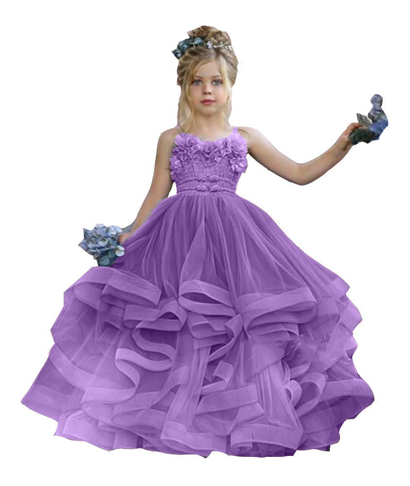 Honeydress Girls Spaghetti Strap Lace Floral Applique Tiered Skirt | A-Line Pageant Dress for Birthday Party | Dusty Purple Kids Formal Gown for Special Occasions & Photoshoots