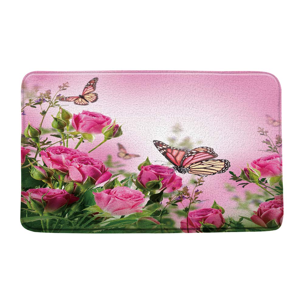 WZFashion Pink Rose Bath Mat - Absorbent Non-Slip Bathroom Rug with Spring Flower & Butterfly Design, 17.7x29.5 Inch - Perfect for Shower, Toilet, Bedroom & Kitchen Floor Decor