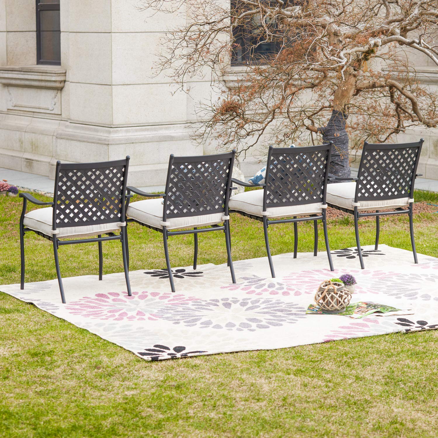 LOKATSE HOME 4-Piece Outdoor Patio Dining Set - Wrought Iron Metal Chairs with Arms & Beige Cushions - Perfect for Garden, Backyard, Poolside & Patio Furniture
