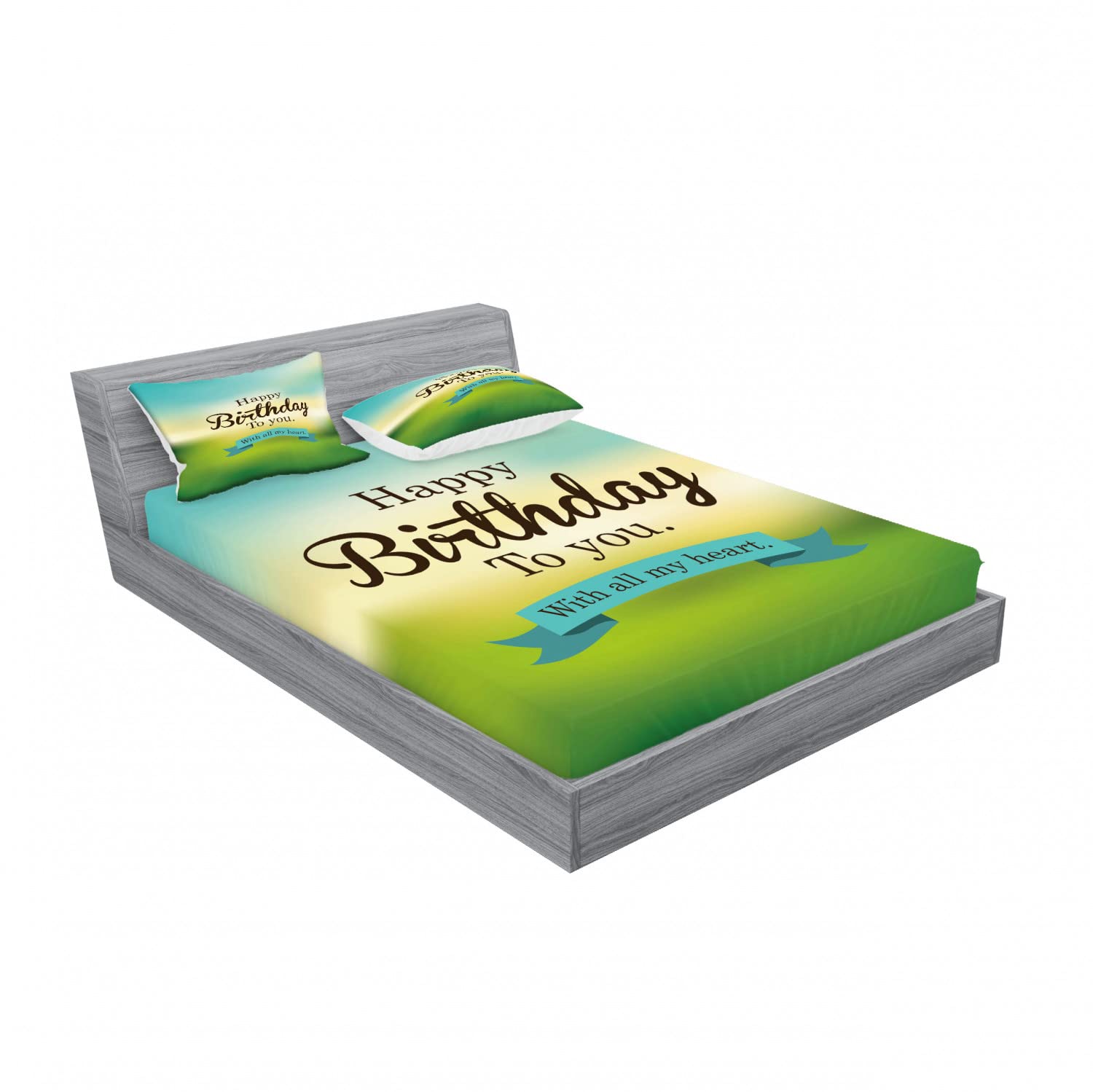 Ambesonne 2-Piece Queen Fitted Sheet & 4-Piece Pillow Sham Set - Birthday Celebration Bedding in Turquoise Green & Yellow - Perfect for Guest Rooms, Dorm Decor, and Special Occasion Gifts
