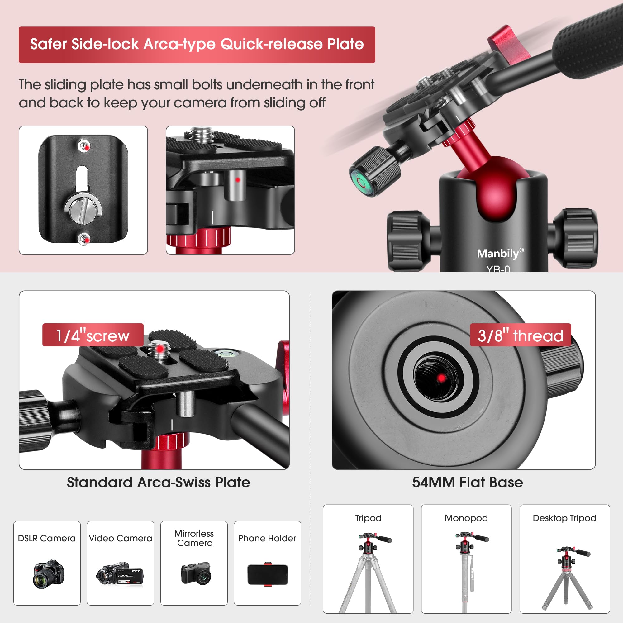 Manbily 36mm Aluminum Ball Head with Handle for Tripod & Monopod - 360° Panoramic Photography Head with Arca Swiss Quick Release Plate (2 Plates Included) - Compatible with DSLR, Camera, Phone & Camcorder - Perfect for Landscape, Portrait & Action Photography