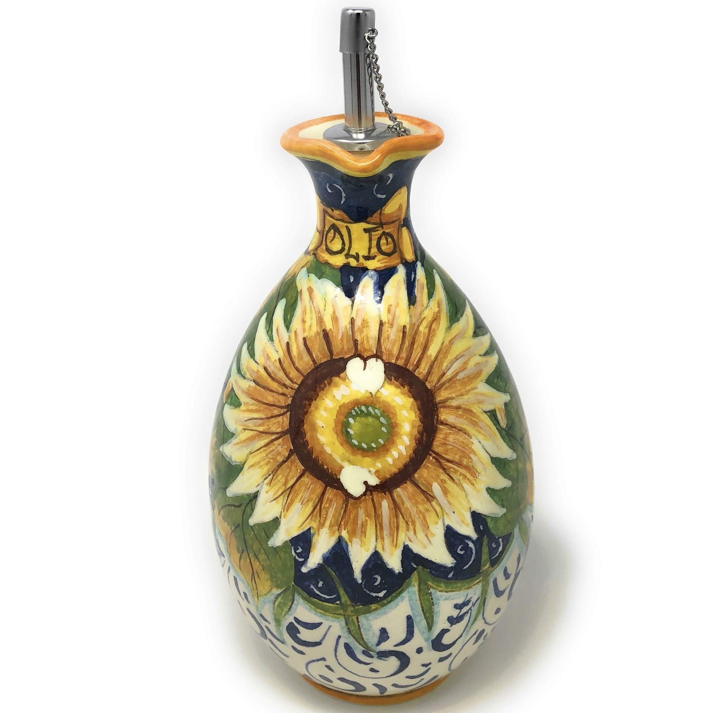 Italian Ceramic Oil Cruet - Hand Painted Sunflower Design Art Pottery from Tuscany, Made in Italy | Perfect for Kitchen, Dining Table & Gift Giving