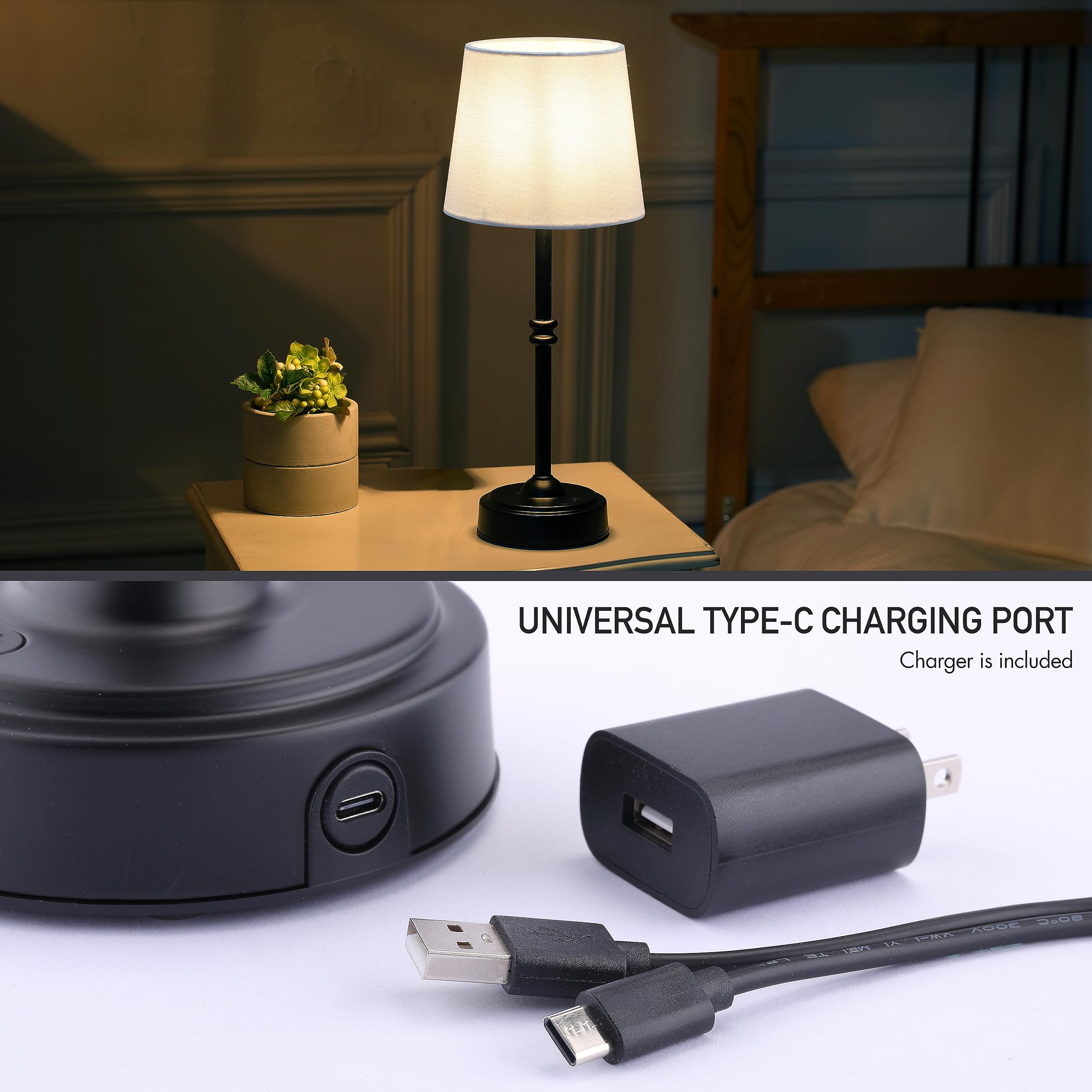 O’Bright Seraph - Rechargeable Cordless LED Table Lamp with 3-Level Dimmer, Built-in Battery, Black - Perfect for Bedside Night Light, Patio Decor, Restaurant Ambient Lighting & Home Office Desk Lamp