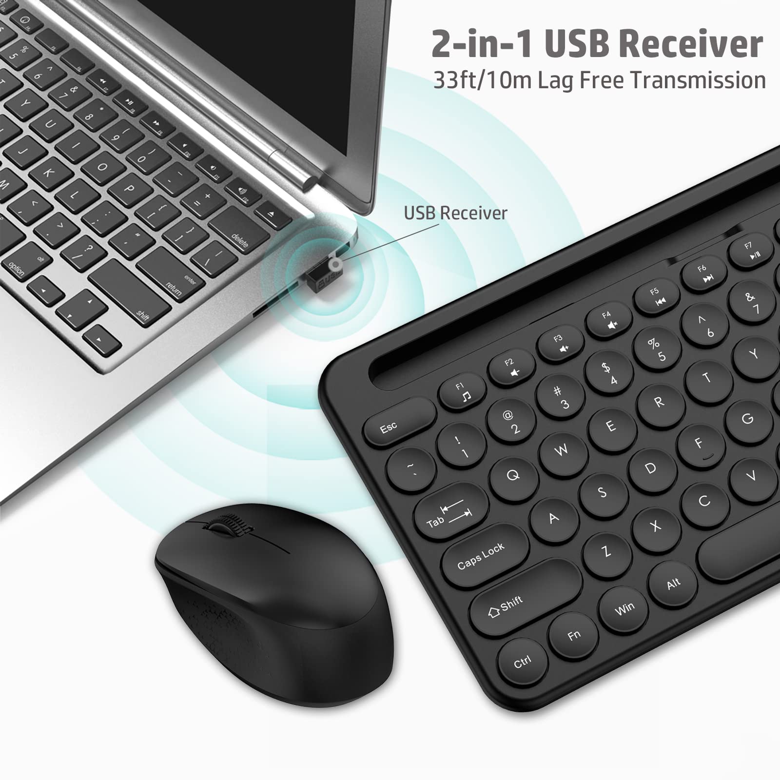 LeadsaiL Wireless Keyboard and Mouse Combo with Phone & Tablet Holder - Full-Sized Ergonomic USB Keyboard and Mouse Set for Windows PC, Laptop, Desktop - Perfect for Home Office, Gaming, and Remote Work (Black)