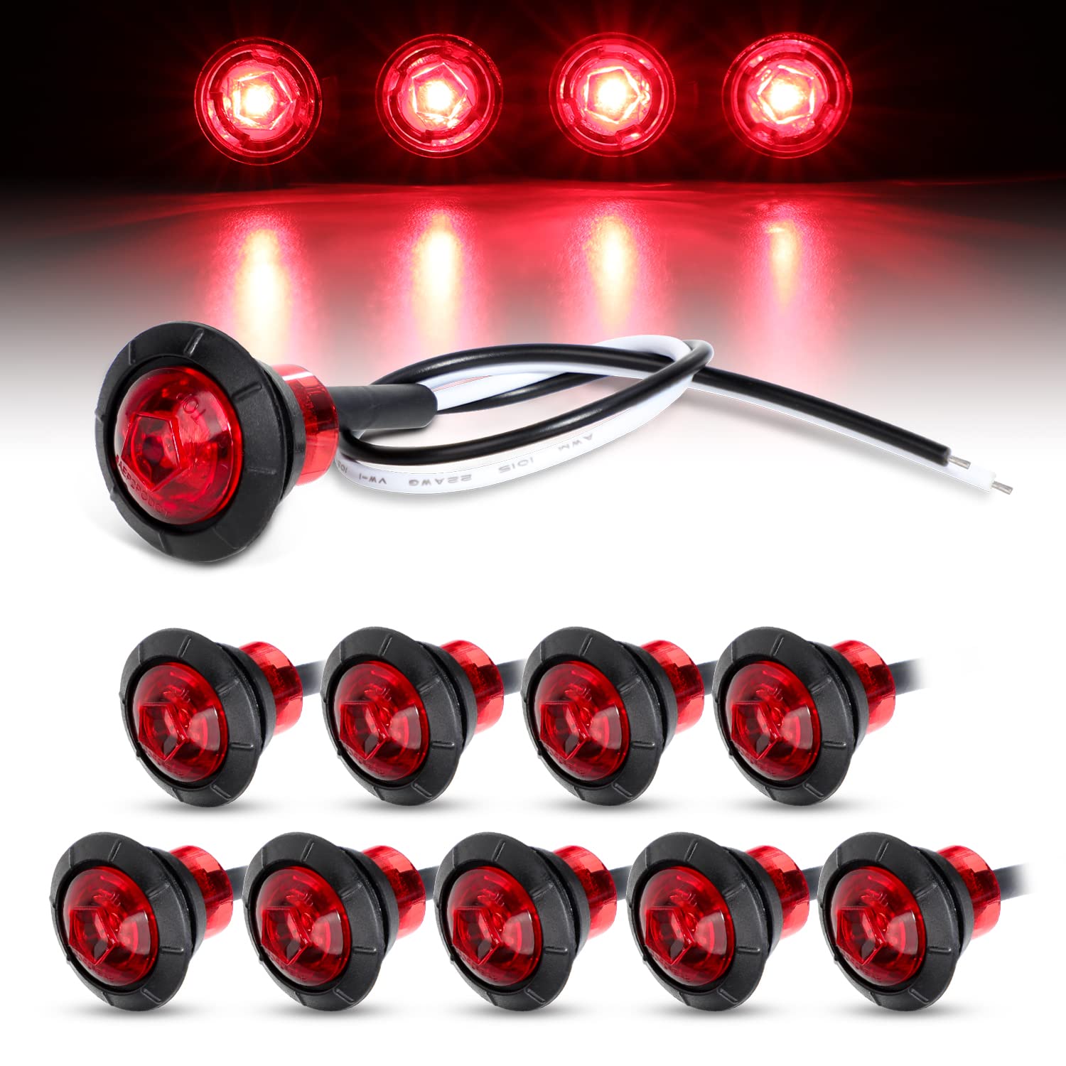 10 Pcs 2nd Gen 3/4 Inch Mount RED LED Clearance Lights - Waterproof Bullet Marker Lights for Trucks, Boats, SUVs, ATVs, Bikes & Trailers - Perfect for Night Driving, Off-Roading & Marine Safety