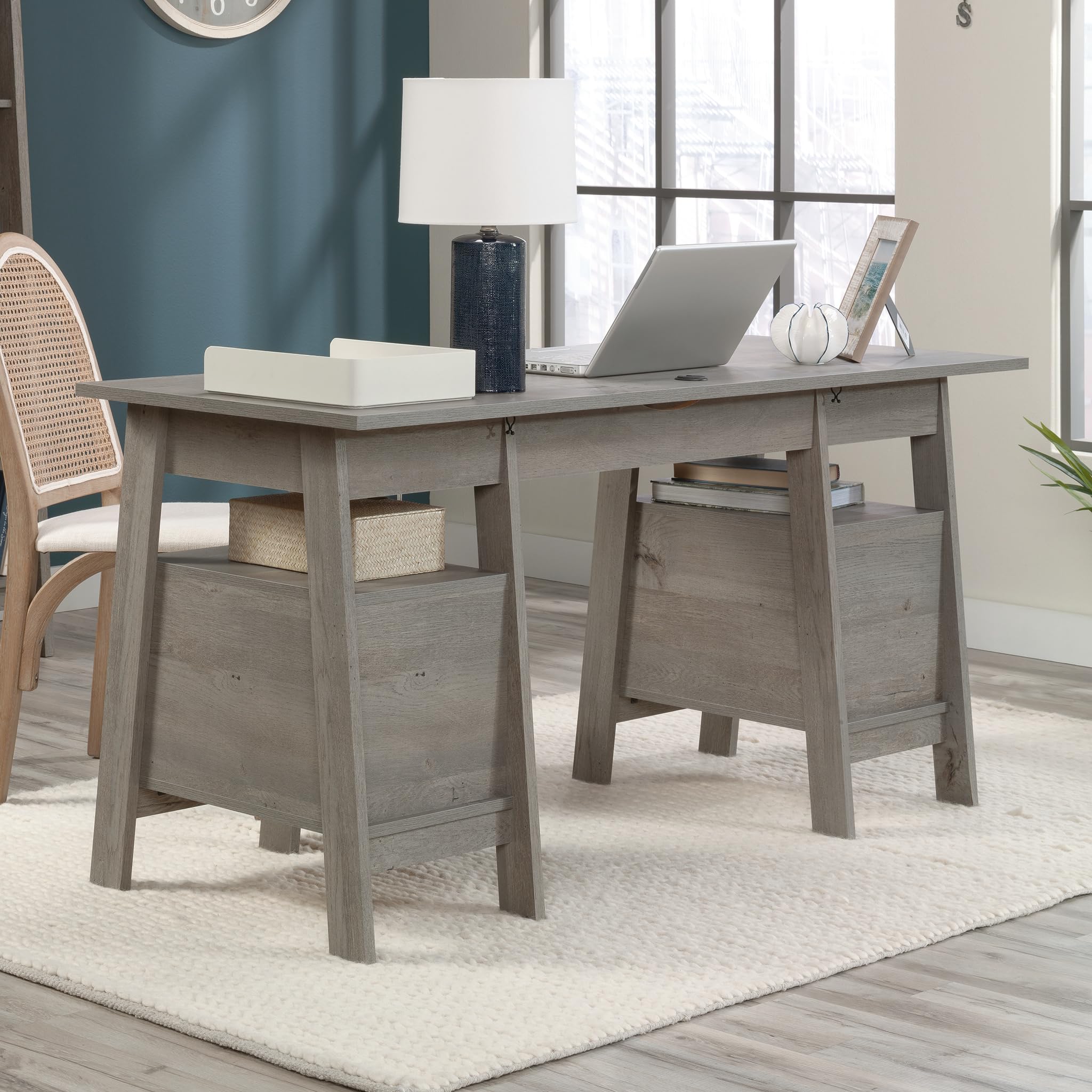 Sauder Trestle Office Desk with Drawers - Executive Writing Desk with File Cabinet Storage, Shelves & Cable Management in Mystic Oak Finish - Perfect for Home Office, Study Room & Workspace Organization