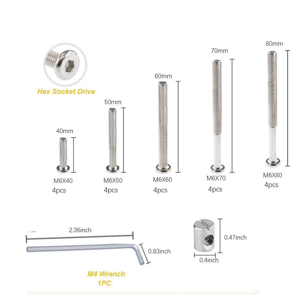 40pcs Baby Crib Screw Kit - M6 Hex Cap Screws & Nuts for Furniture Assembly