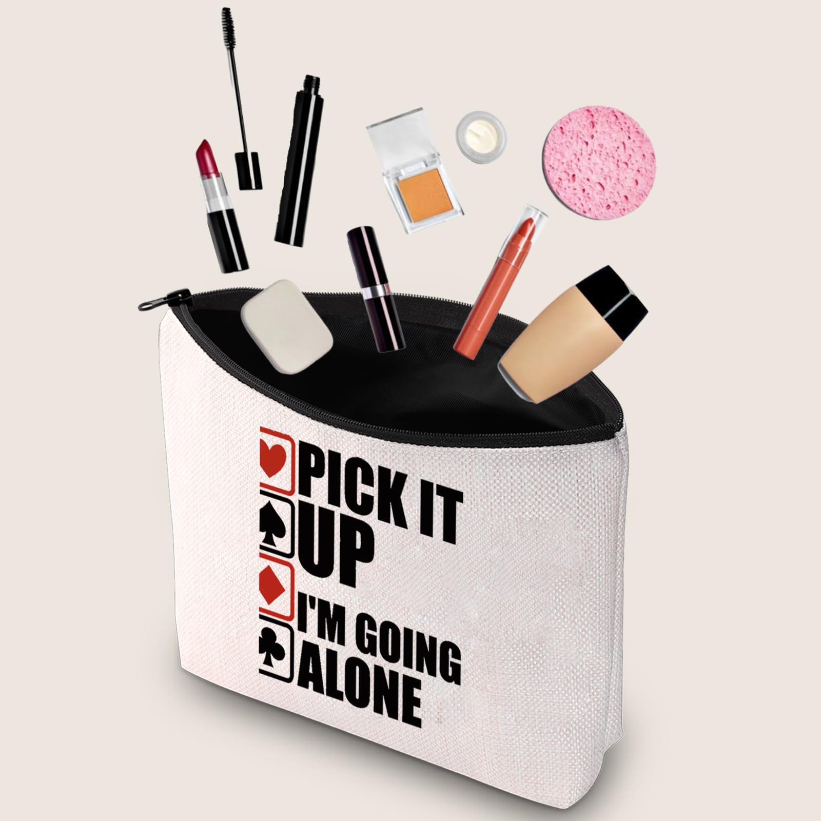 Funny Gambler Gift - 'Pick It Up I'm Going Alone' Euchre & Bridge Card Game Lover Cosmetic Makeup Bag | Perfect for Poker Nights, Casino Parties & Card Game Enthusiasts