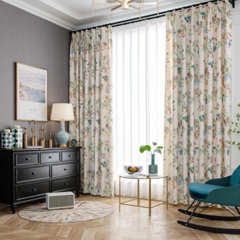 Keira Countryside Botanical Bird Print Custom Blackout Curtains for Bedroom & Living Room - Floral Bird Design for Privacy & Light Blocking