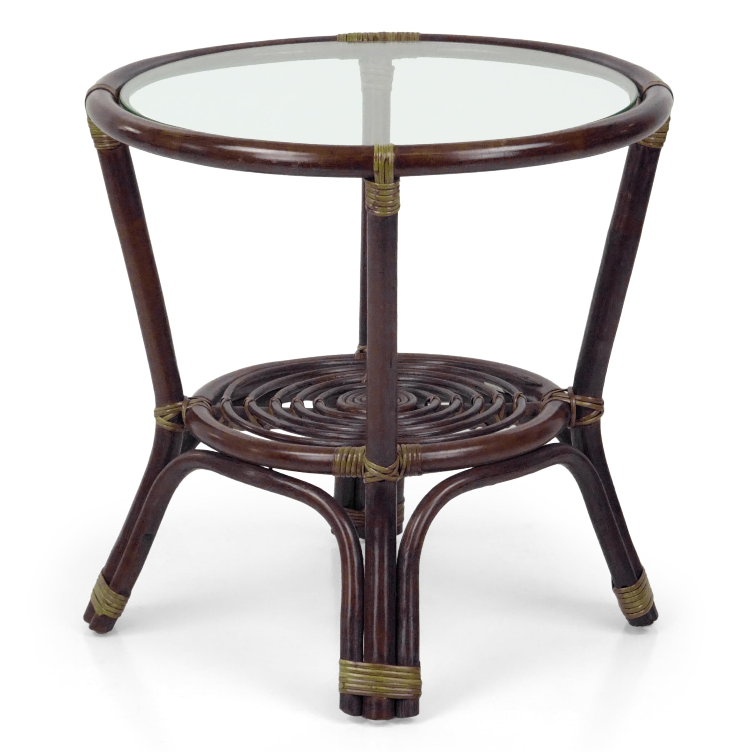 Dark Brown Leo Rattan Wicker Round Accent Coffee Table with Tempered Glass Top - Perfect for Living Room, Patio, or Balcony Decor