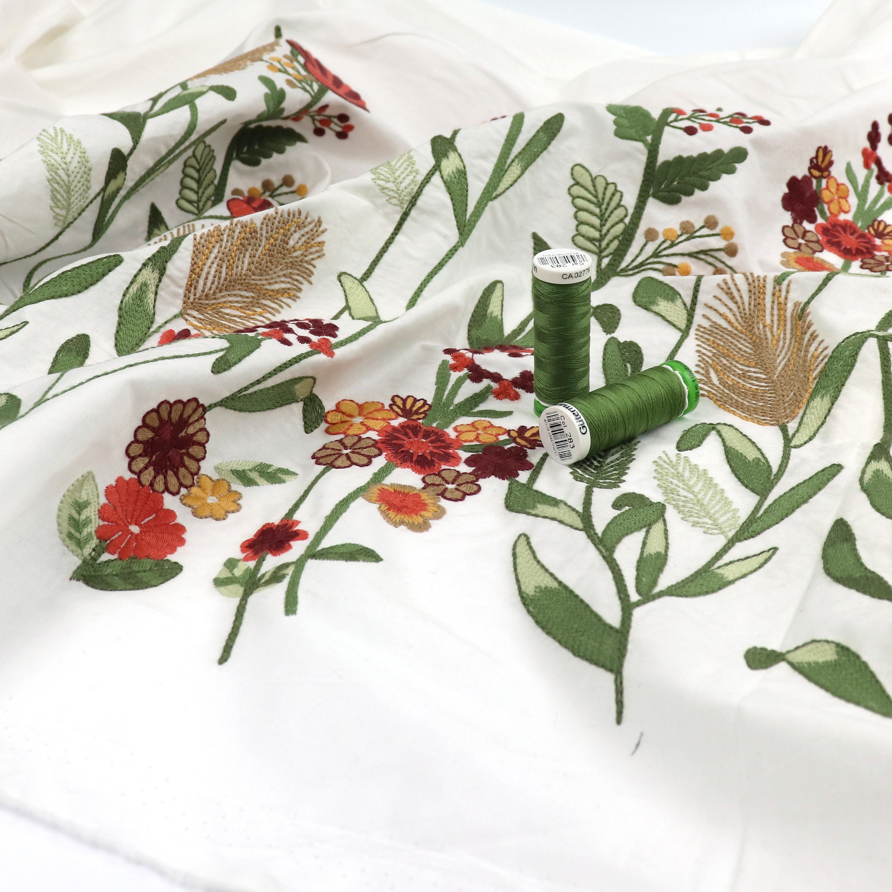 Embroidered Cotton Lawn Fabric with Floral Meadow Border - Perfect for DIY Dresses, Blouses & Home Decor