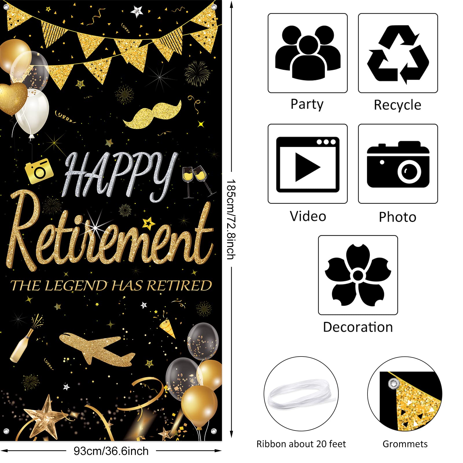 Extra Large Happy Retirement Door Cover - 75 x 37 Inch Black & Gold Fabric Banner for Retirement Party Decorations, Photo Booth Backdrop & Celebration Background with Rope - Perfect for Retirement Parties, Office Decor & Milestone Celebrations