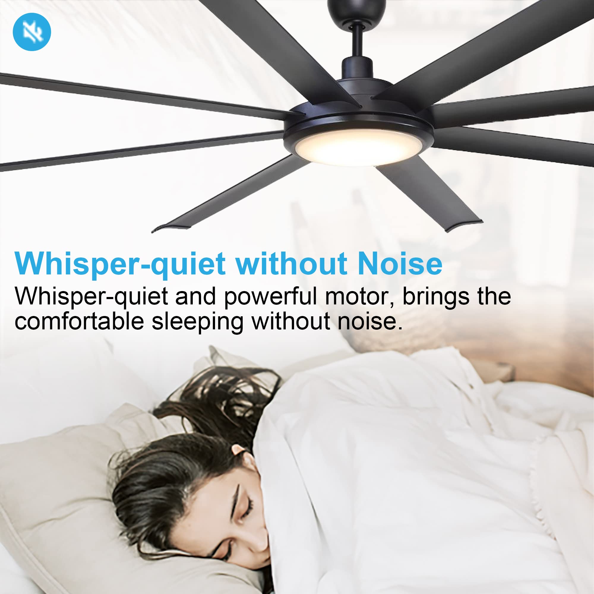 75 Inch Black Ceiling Fan with LED Light and Remote Control - High CFM DC Motor, 8 Reversible Blades, Timer Function - Flush Mount Indoor/Outdoor Ceiling Fan for Bedroom, Living Room, Patio - ETL Certified (Perfect for Cooling Large Spaces with Stylish Lighting)