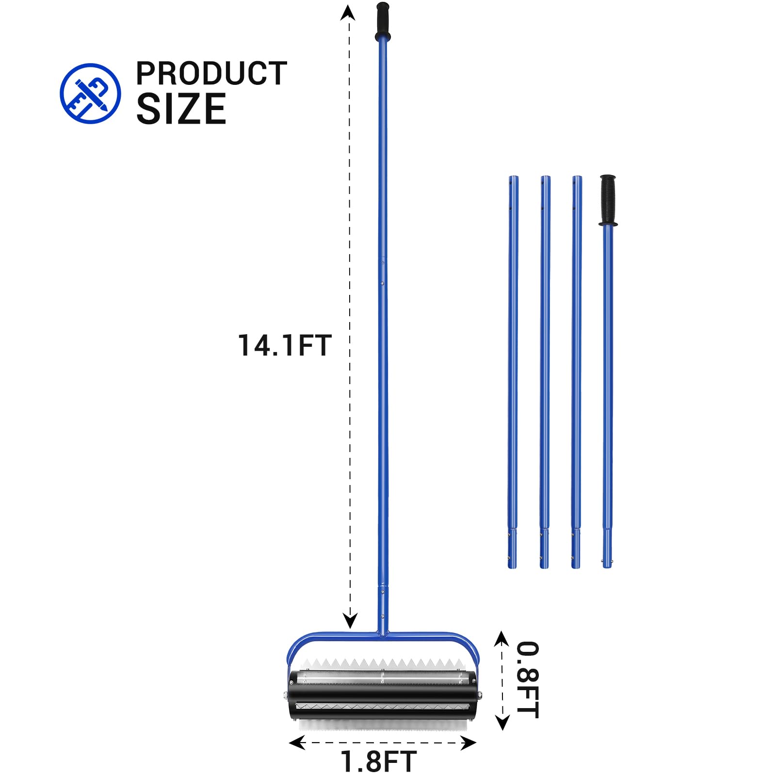Stainless Steel Roller Pond Rake - 14ft Aluminum Handle with 6 Preassembled Blades for Lake & Pond Weed Removal | Eliminates Weeds, Roots & Muck Buildup | Easy Assembly Blue Tool | Perfect for Water Garden Maintenance, Shoreline Cleaning & Aquatic Weed Control