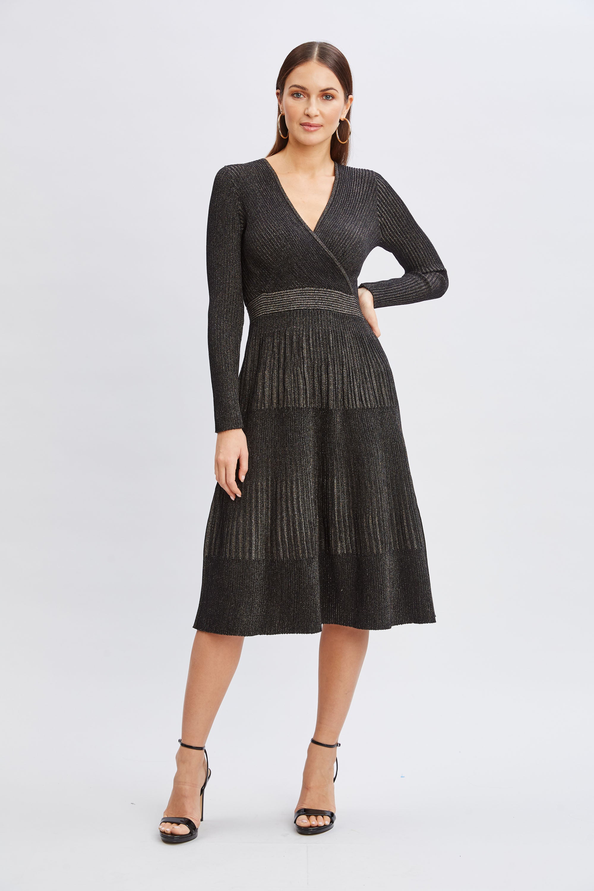 Tahari Lurex Mock Wrap Sweater Dress for Women - Elegant Knit Pullover Tunic with Sparkle Yarn - Perfect for Holiday Parties, Date Nights & Office Wear