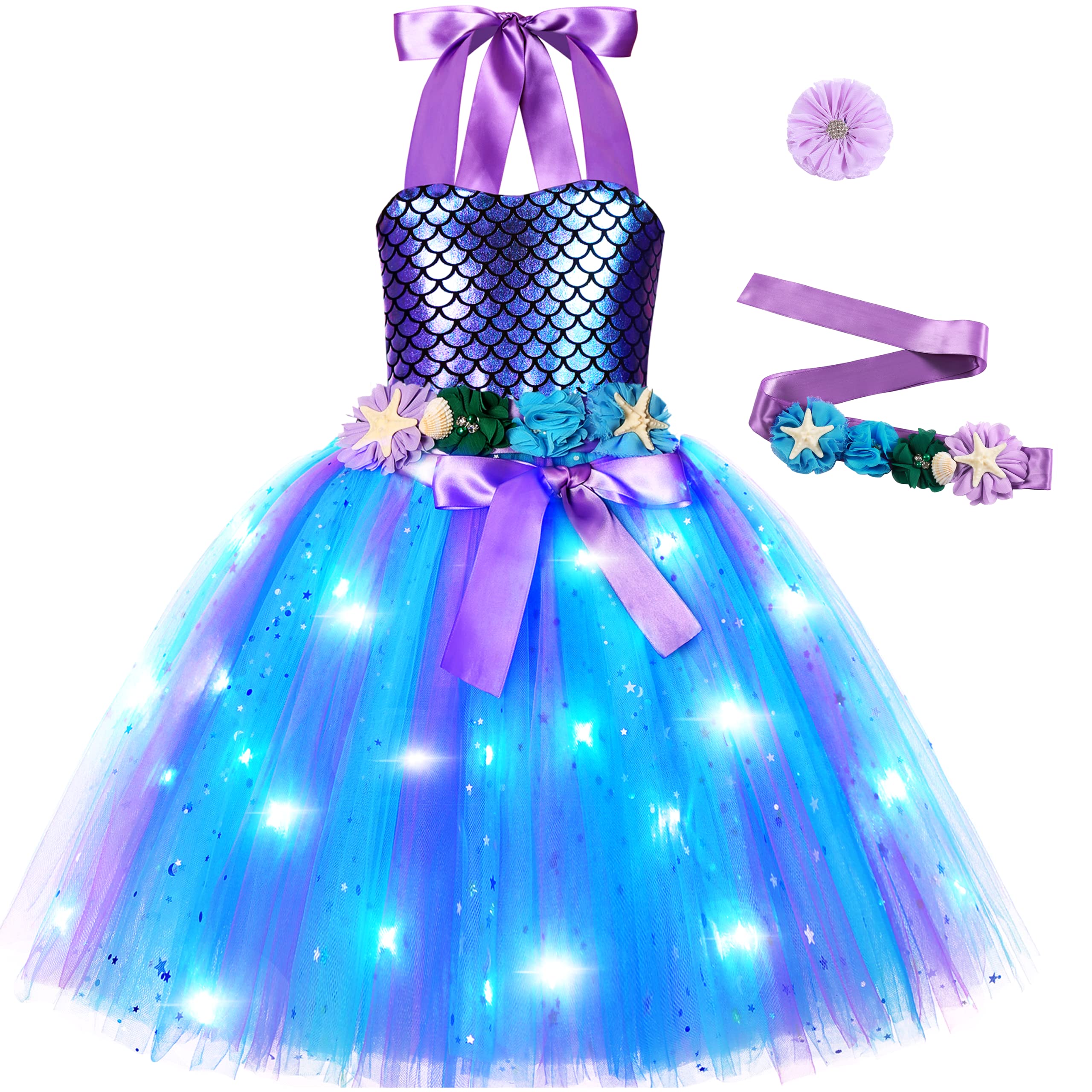 **LED Light Up Mermaid Costume for Girls - Glowing Mermaid Dress for Birthday, Halloween & Dress Up - Perfect for Parties, Themed Events & Underwater Adventures**