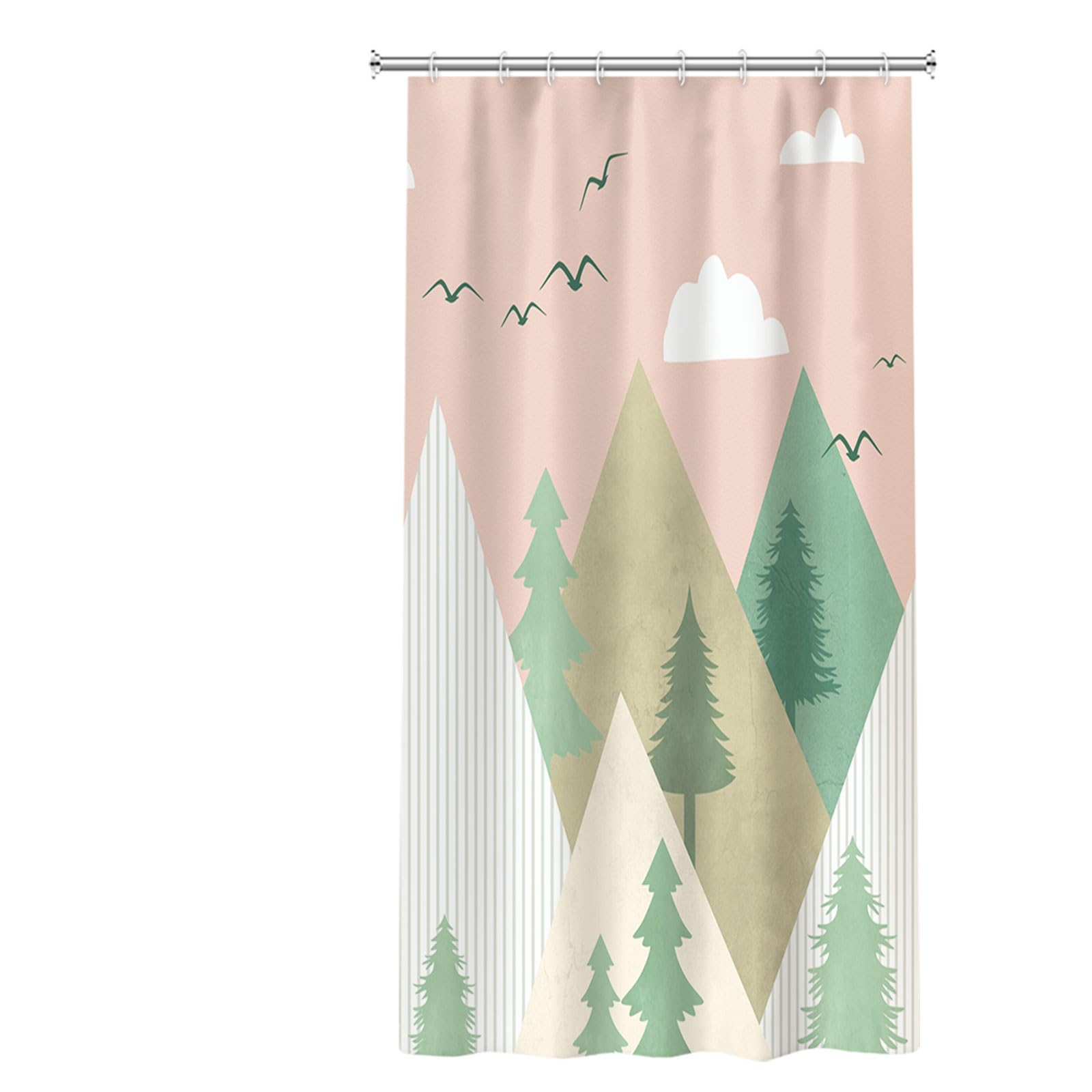 Yeele Mountain Forest Shower Curtain - Waterproof Pine Tree Design with White Clouds & Wild Geese - Pink Bathroom Decor with 12 Hooks (48x72 inches) - Perfect for Rustic, Nature-Inspired Bathroom Themes