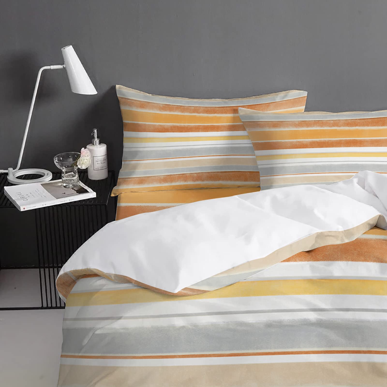 Luxury 4-Piece Queen Size Duvet Cover Set - Gradient Striped Orange & Gray Soft Bedding (1 Duvet Cover + 1 Sheet + 2 Pillowcases) for Modern Bedroom Decor & Guest Room Essentials