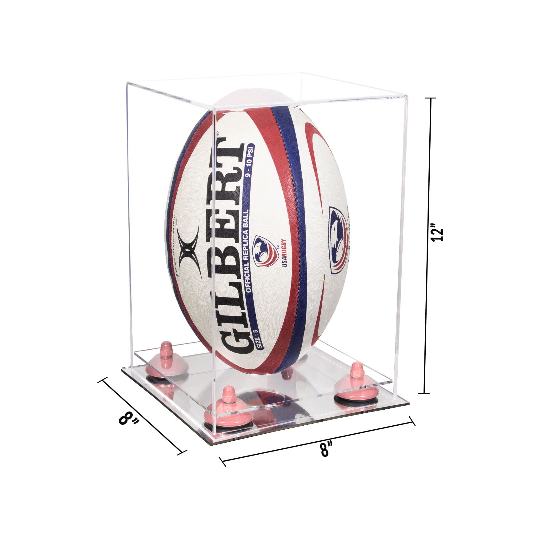 Clear Acrylic Rugby Ball Display Case with Mirror Base & Pink Risers - Vertical Trophy Showcase for Collectibles, Awards & Sports Memorabilia (B42/A060) - Perfect for Home Decor, Office Display & Gift Giving