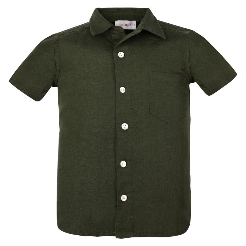 Drake Boys Half Sleeve Button Down Shirt - Casual Cotton Linen Blend with Pocket - Green Kids' Shirt for School, Playdates & Outdoor Activities